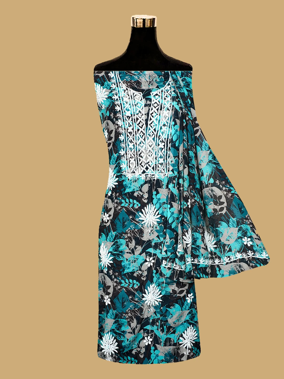 Ada Hand Embroidered Peacock Blue Crepe Floral Printed Lucknowi Chikankari Unstitched Kurta Dupatta Set 01A722823