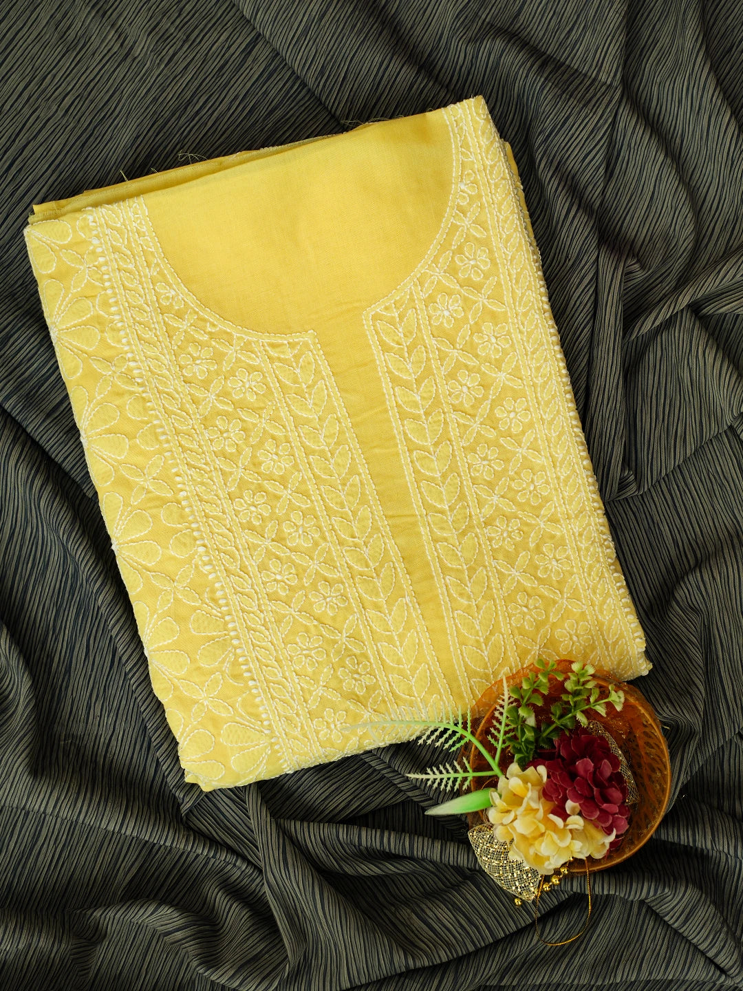 Ada Hand Embroidered Yellow Cotton Lucknowi Chikankari Unstitched Kurta Piece 01A724515