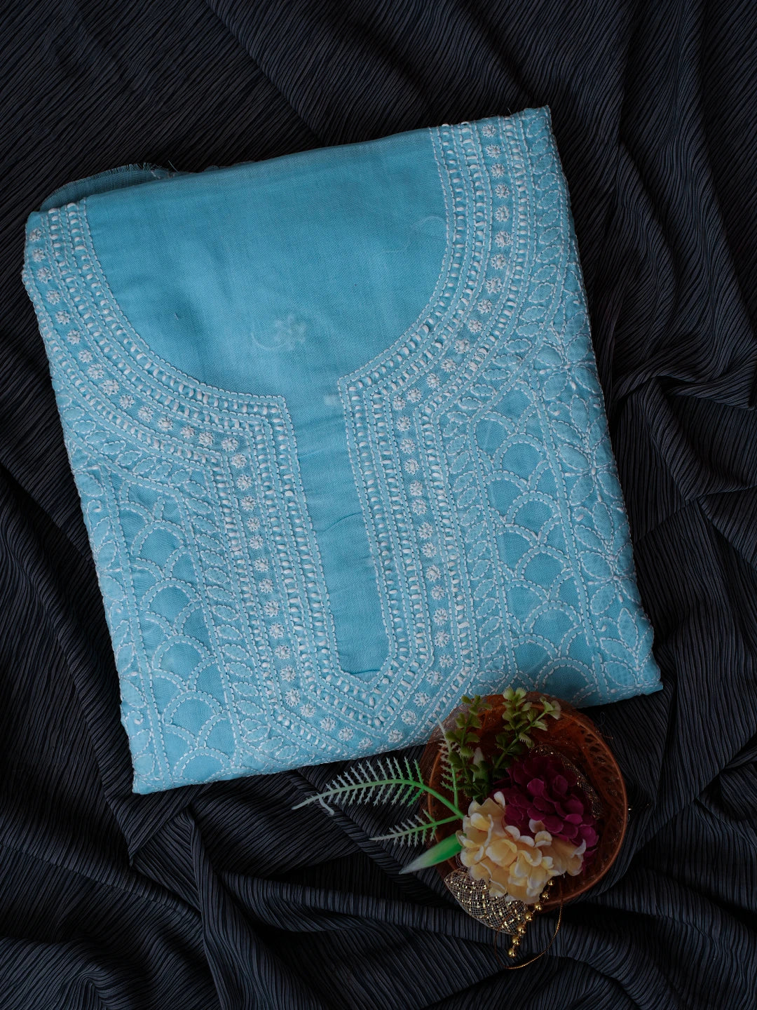 Ada Hand Embroidered Blue Cotton Lucknowi Chikankari Unstitched Kurta Piece 01A724505