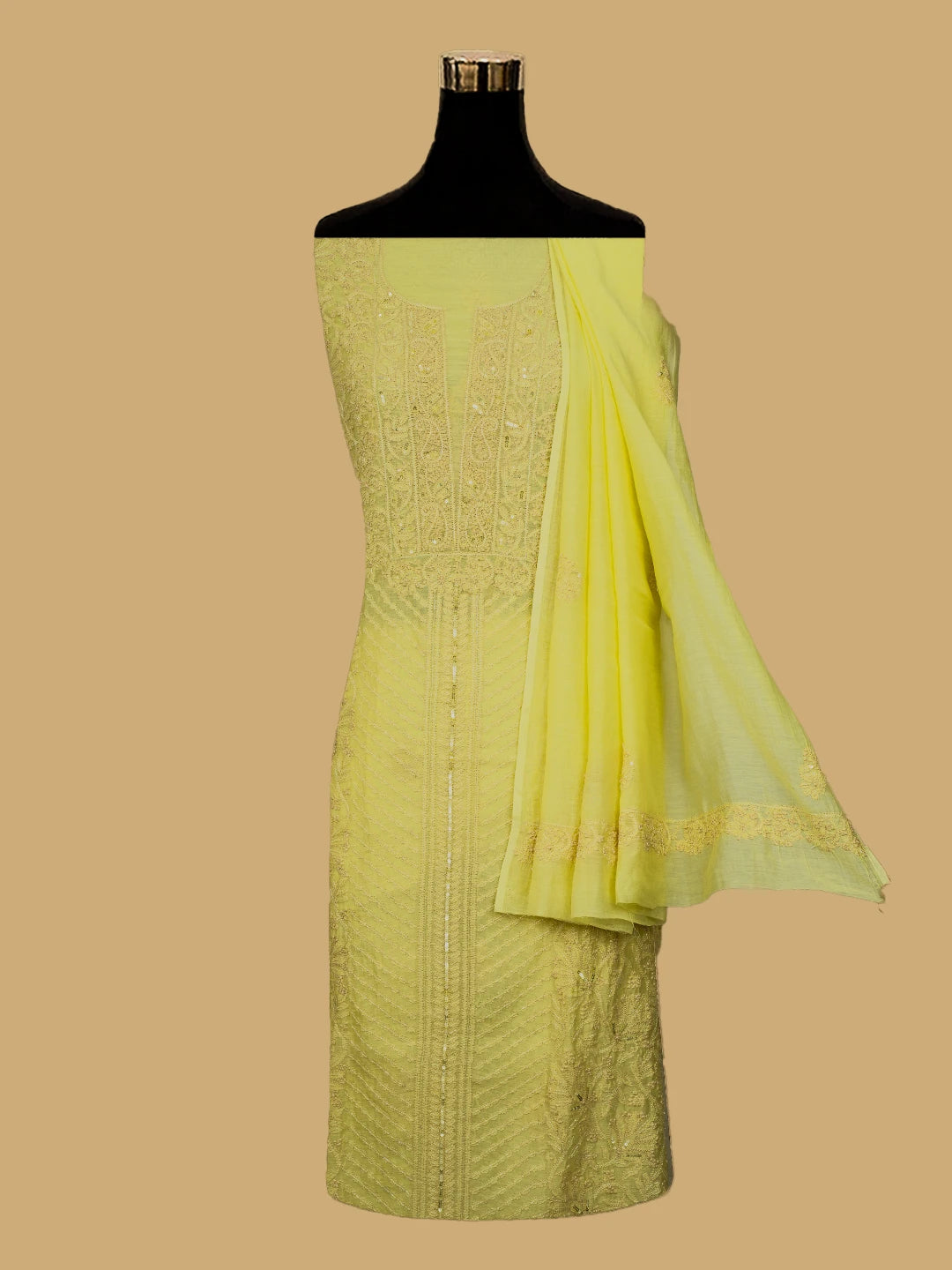 Ada Hand Embroidered Lemon Yellow Chanderi Lucknowi Chikankari Unstitched Kurta Dupatta Set With Cutdana Work 01A610237