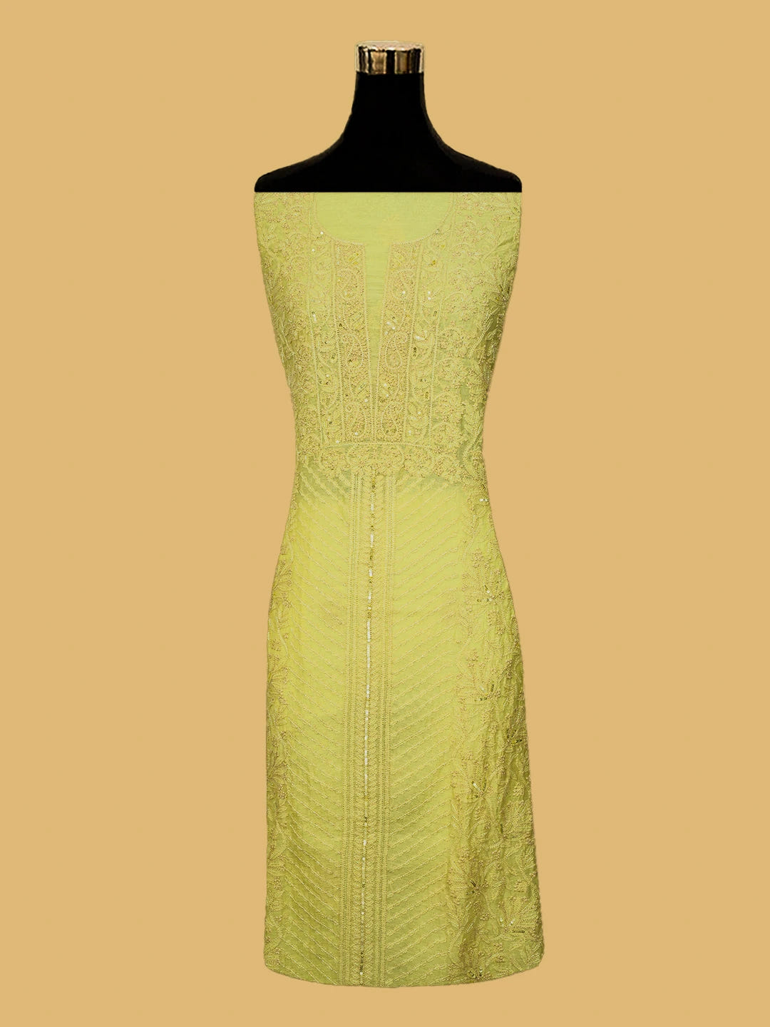 Ada Hand Embroidered Lemon Yellow Chanderi Lucknowi Chikankari Unstitched Kurta Dupatta Set With Cutdana Work 01A610237