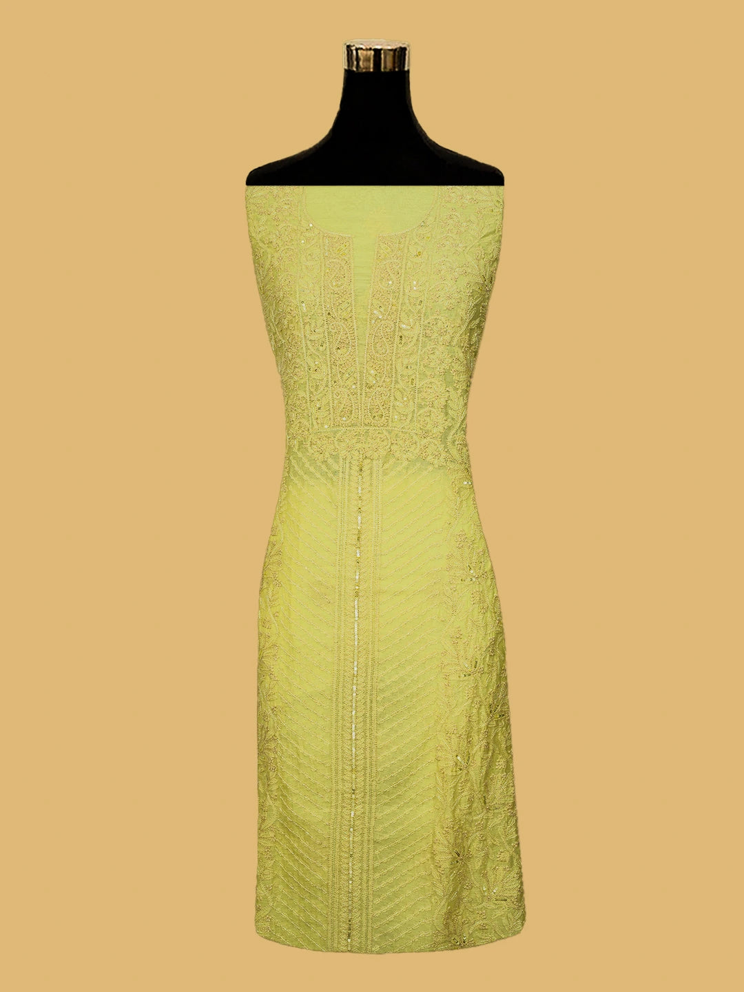 Ada Hand Embroidered Lemon Yellow Chanderi Lucknowi Chikankari Unstitched Kurta Dupatta Set With Cutdana Work 01A610237
