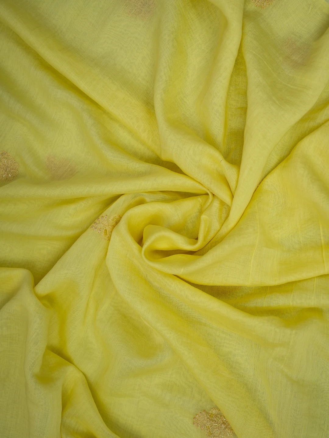 Ada Hand Embroidered Lemon Yellow Chanderi Lucknowi Chikankari Unstitched Kurta Dupatta Set With Cutdana Work 01A610237