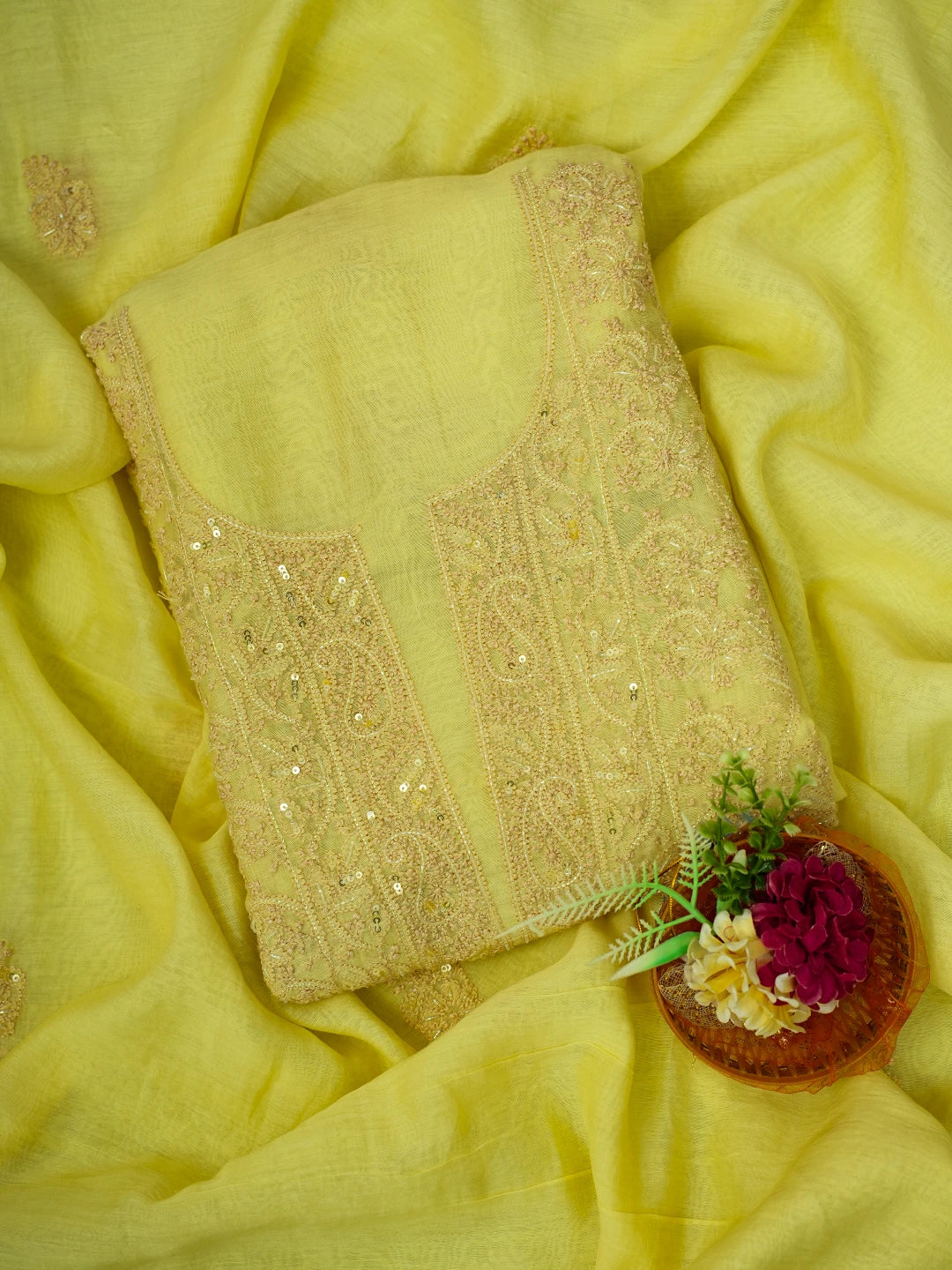 Ada Hand Embroidered Lemon Yellow Chanderi Lucknowi Chikankari Unstitched Kurta Dupatta Set With Cutdana Work 01A610237