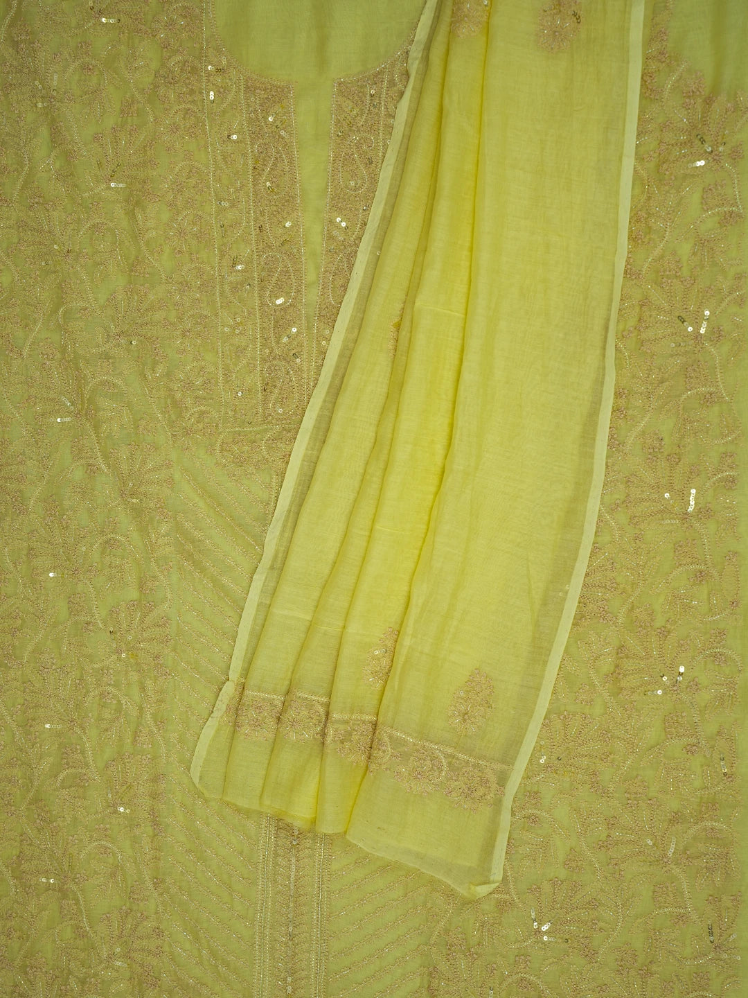 Ada Hand Embroidered Lemon Yellow Chanderi Lucknowi Chikankari Unstitched Kurta Dupatta Set With Cutdana Work 01A610237