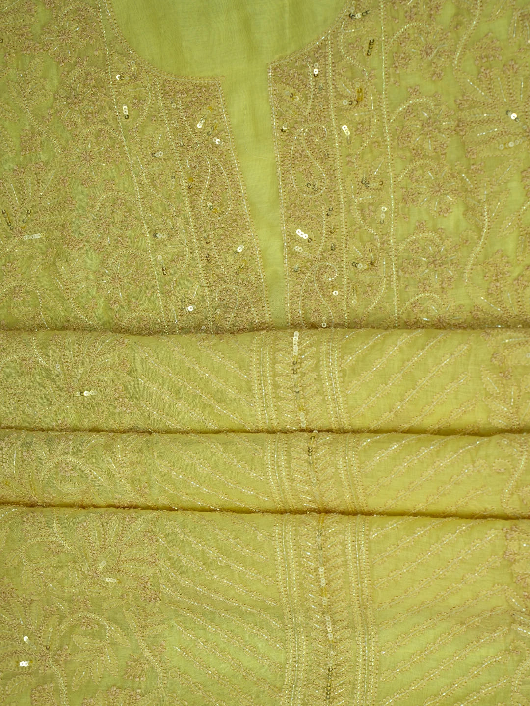 Ada Hand Embroidered Lemon Yellow Chanderi Lucknowi Chikankari Unstitched Kurta Dupatta Set With Cutdana Work 01A610237