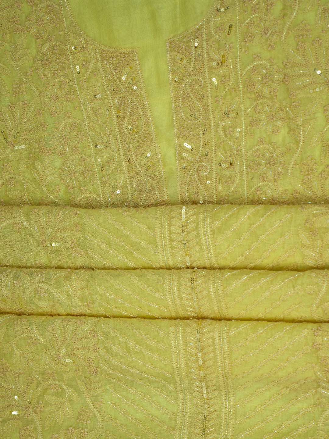 Ada Hand Embroidered Lemon Yellow Chanderi Lucknowi Chikankari Unstitched Kurta Dupatta Set With Cutdana Work 01A610237