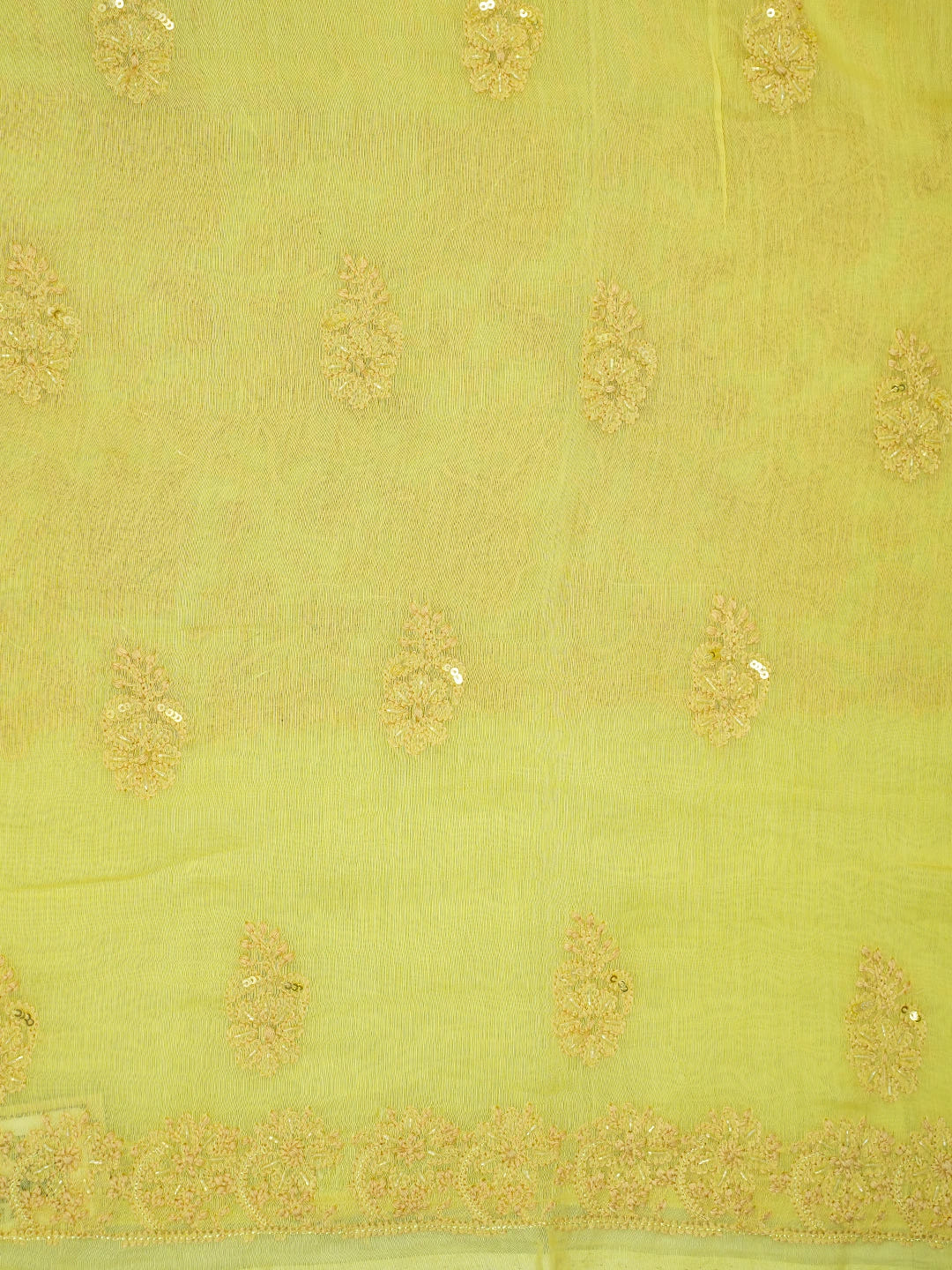 Ada Hand Embroidered Lemon Yellow Chanderi Lucknowi Chikankari Unstitched Kurta Dupatta Set With Cutdana Work 01A610237