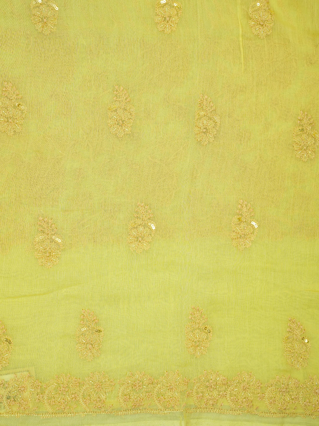 Ada Hand Embroidered Lemon Yellow Chanderi Lucknowi Chikankari Unstitched Kurta Dupatta Set With Cutdana Work 01A610237