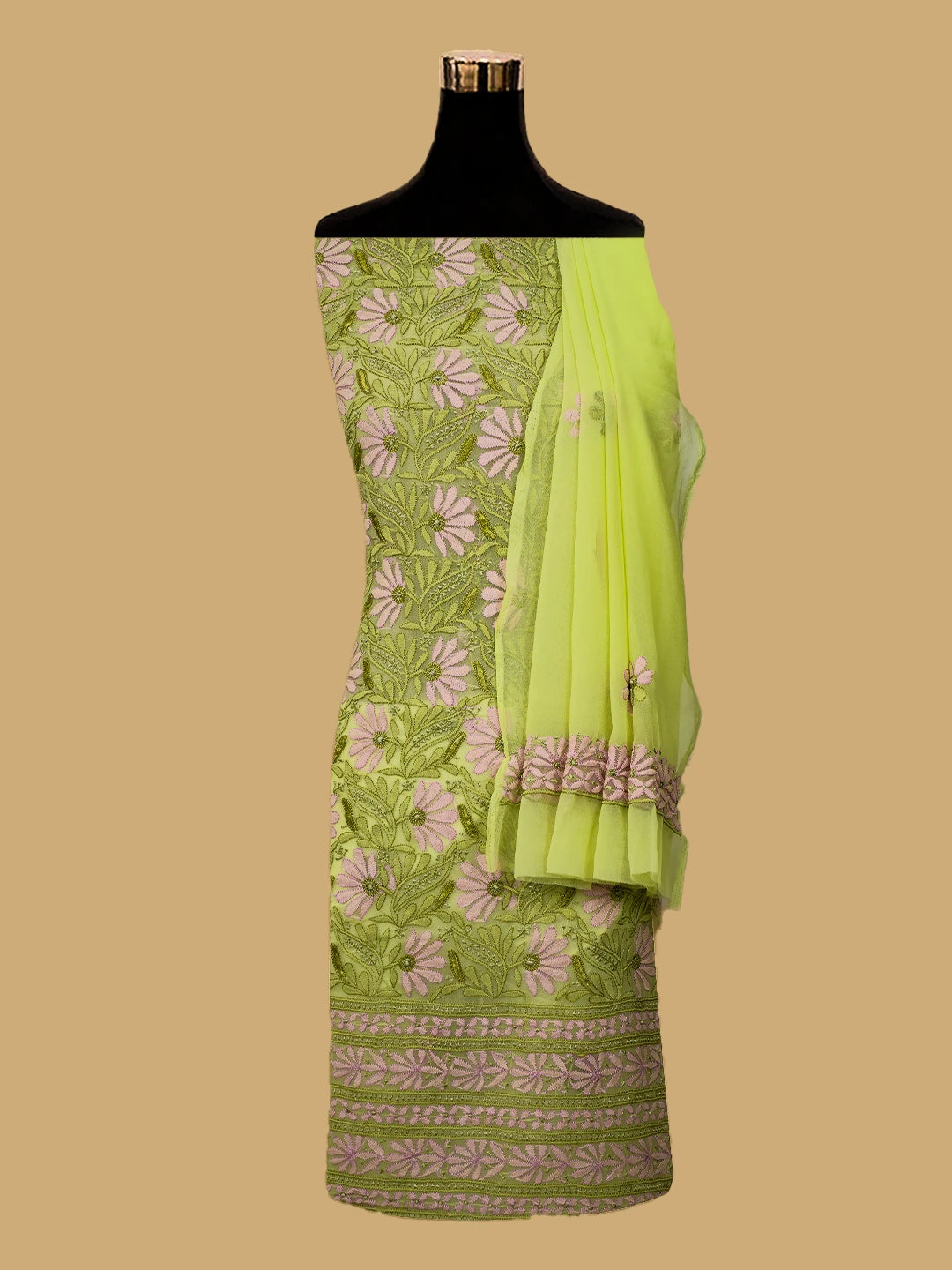Ada Hand Embroidered Lime Green Georgette Lucknowi Chikankari Unstitched Suit Piece 01A726770