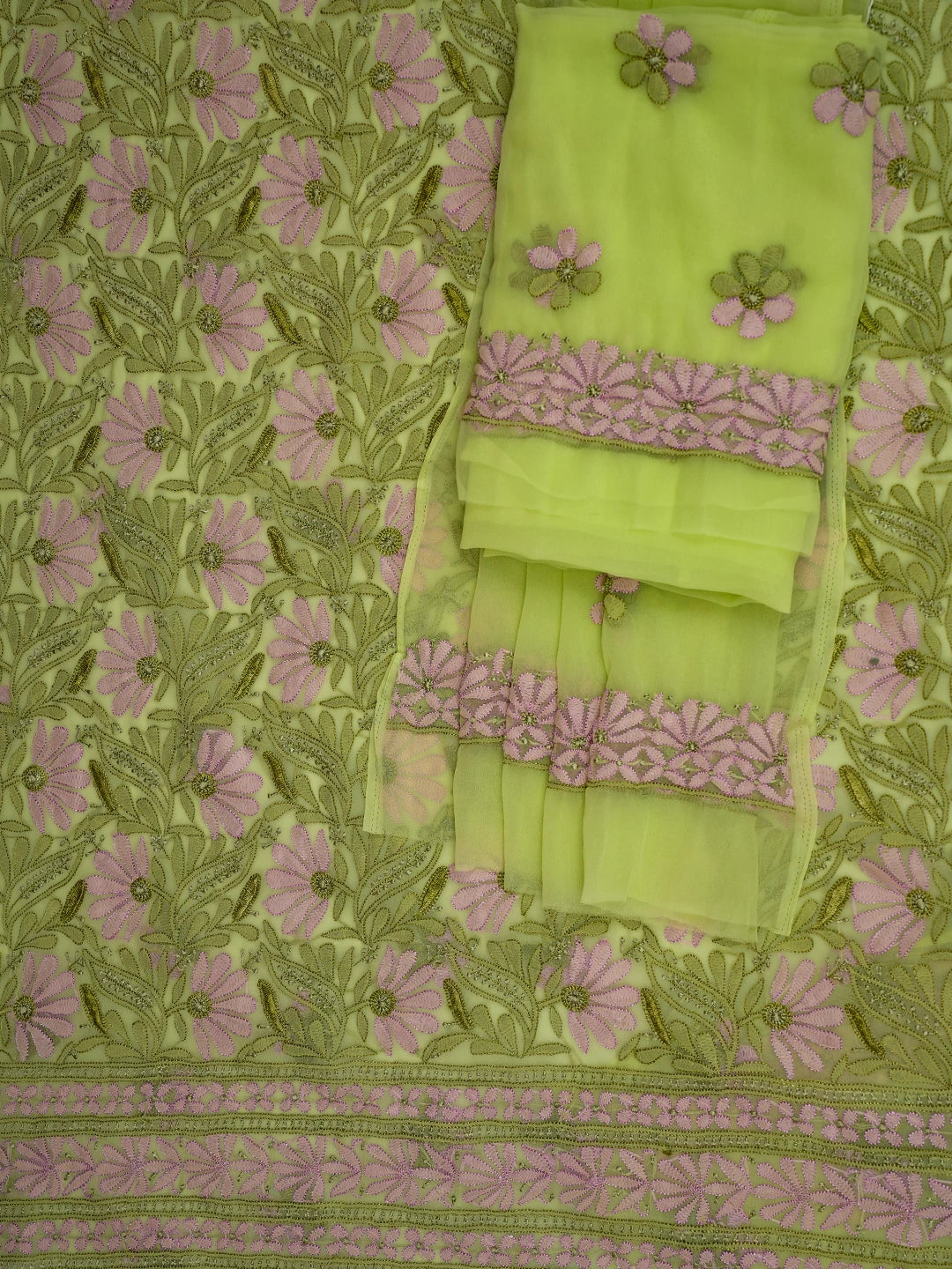 Ada Hand Embroidered Lime Green Georgette Lucknowi Chikankari Unstitched Suit Piece 01A726770