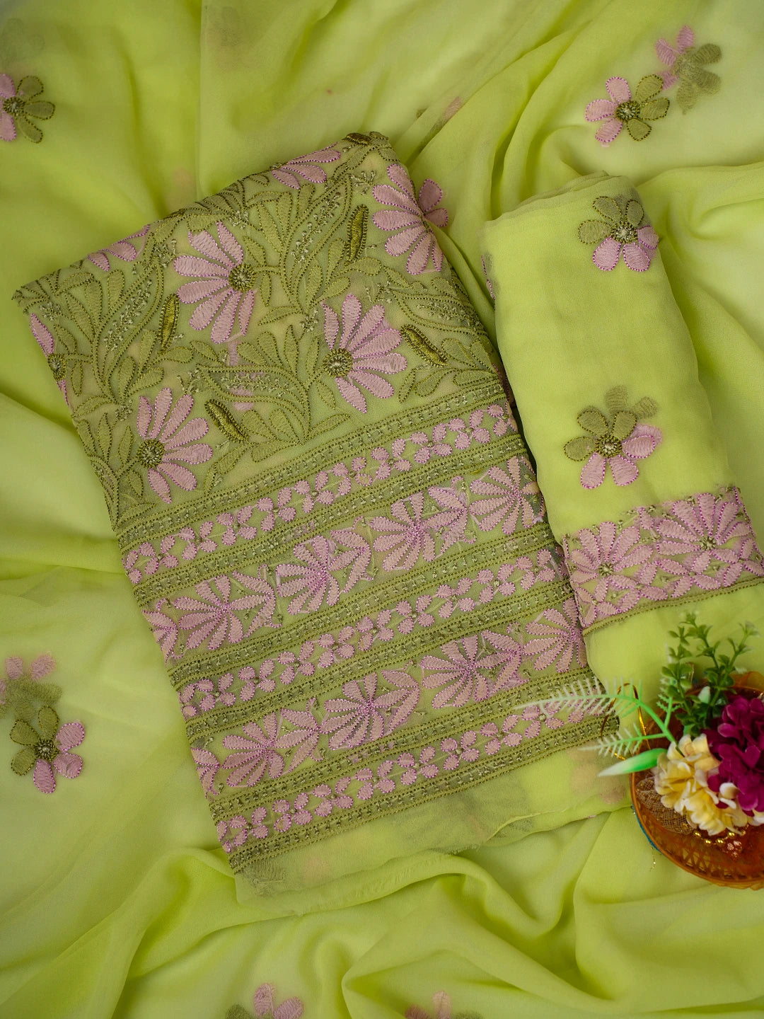 Ada Hand Embroidered Lime Green Georgette Lucknowi Chikankari Unstitched Suit Piece 01A726770