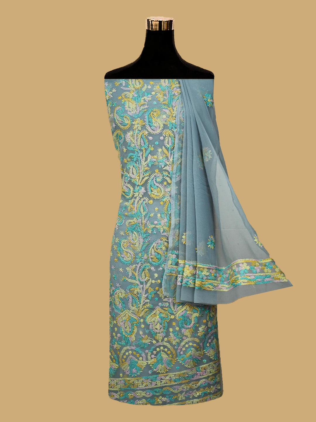 Ada Hand Embroidered Grey Georgette Lucknowi Chikankari Unstitched Suit Piece 01A711199