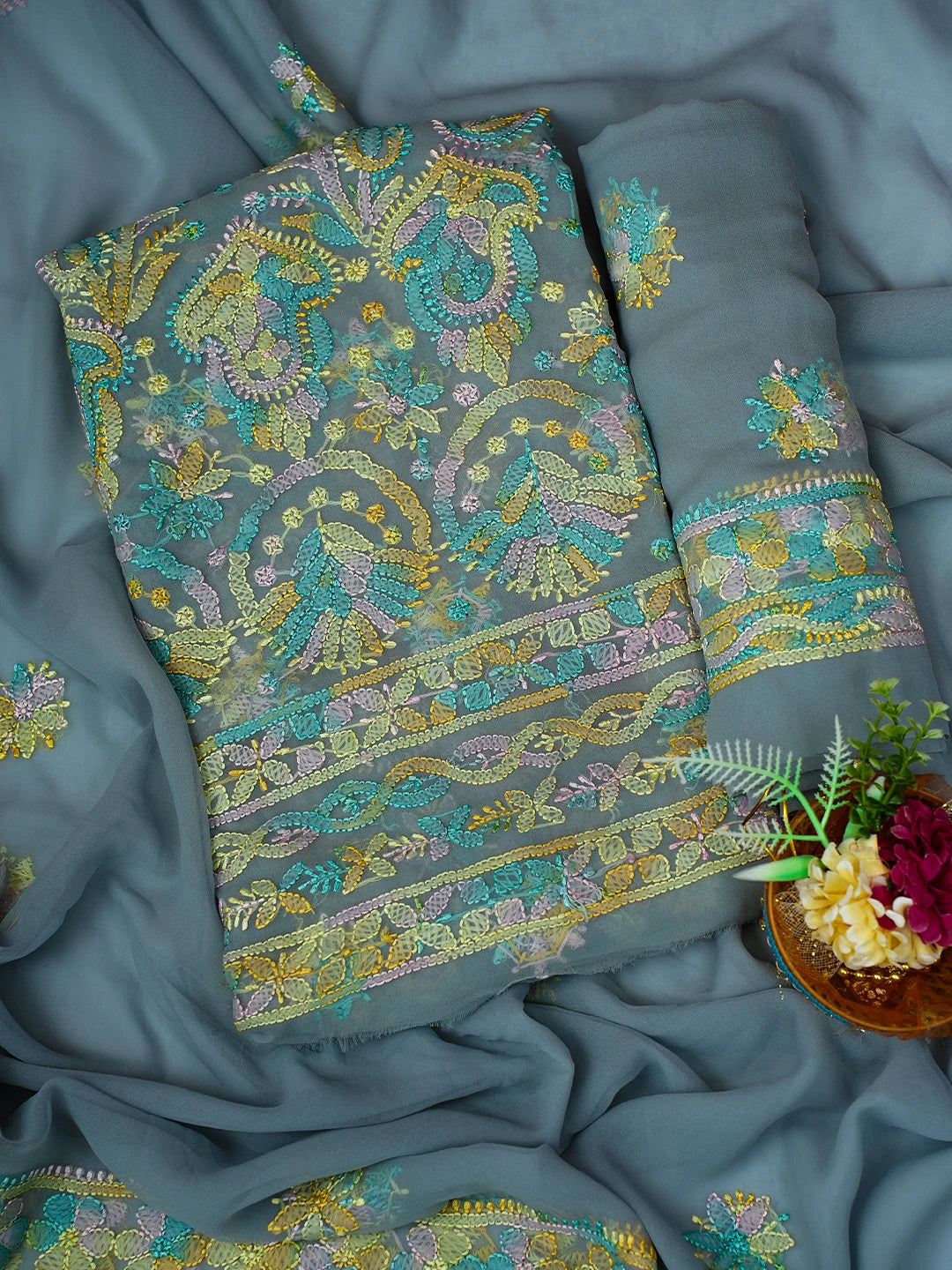Ada Hand Embroidered Grey Georgette Lucknowi Chikankari Unstitched Suit Piece 01A711199