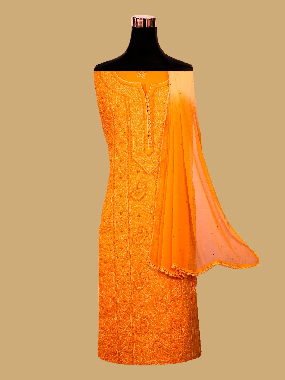 Ada Hand Embroidered Orange Peel Cotton Lucknowi Chikankari Semi-Stitched Suit Piece 01A723664