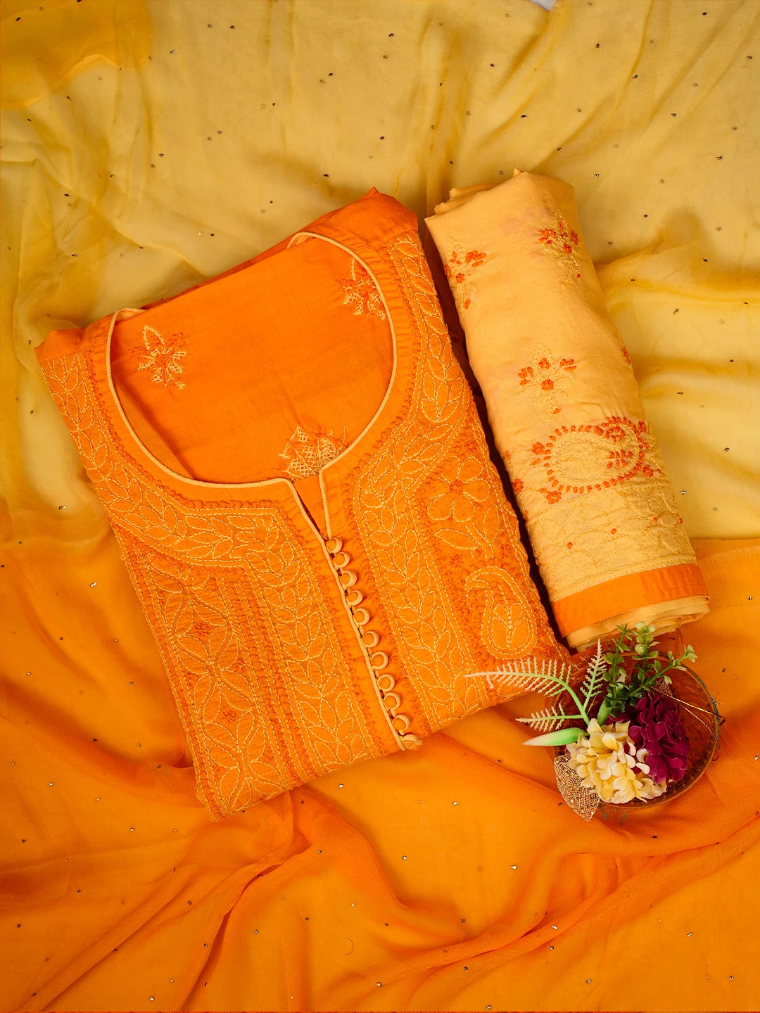 Ada Hand Embroidered Orange Peel Cotton Lucknowi Chikankari Semi-Stitched Suit Piece 01A723664