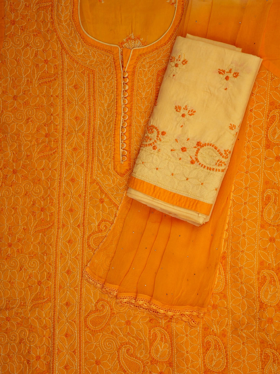 Ada Hand Embroidered Orange Peel Cotton Lucknowi Chikankari Semi-Stitched Suit Piece 01A723664