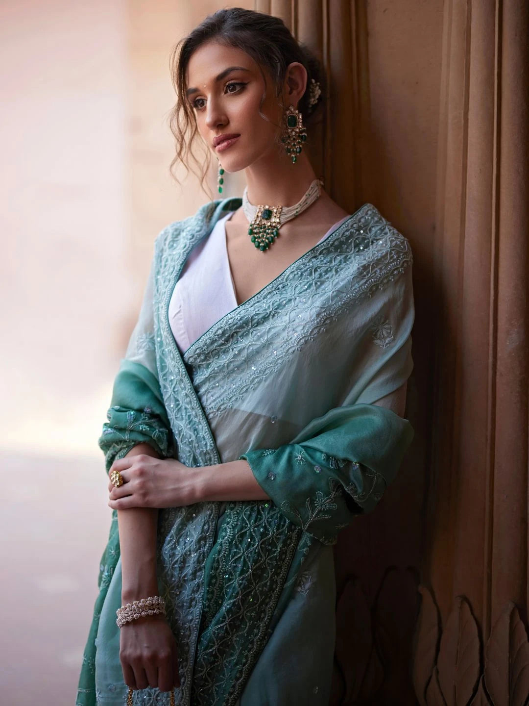 Ada Hand Embroidered Ombre Shade of Feldgrau Gray & Ash Gray  Organza Lucknowi Chikankari Saree With Blouse And Sequinned  Work 01A545583