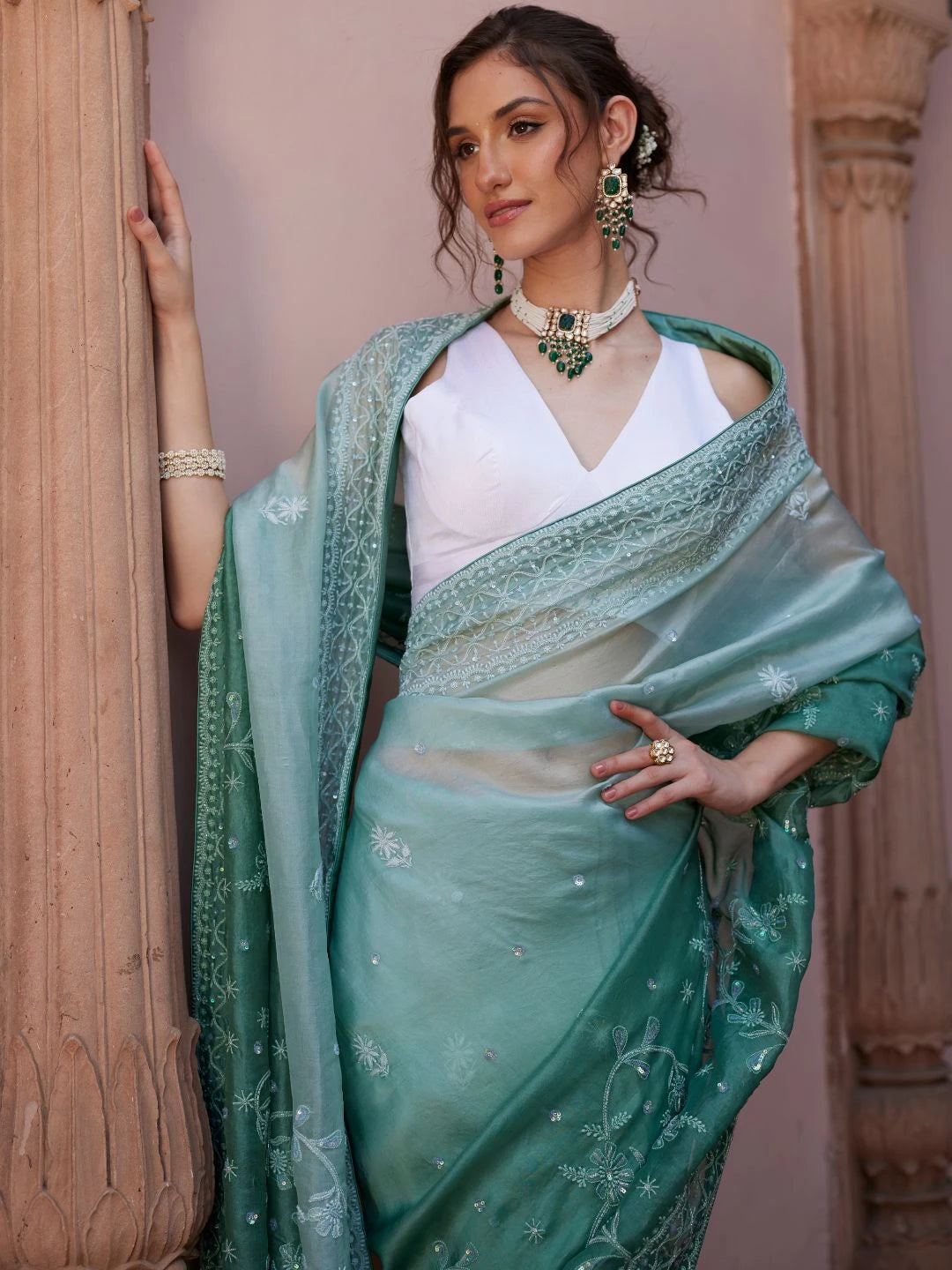 Ada Hand Embroidered Ombre Shade of Feldgrau Gray & Ash Gray  Organza Lucknowi Chikankari Saree With Blouse And Sequinned  Work 01A545583