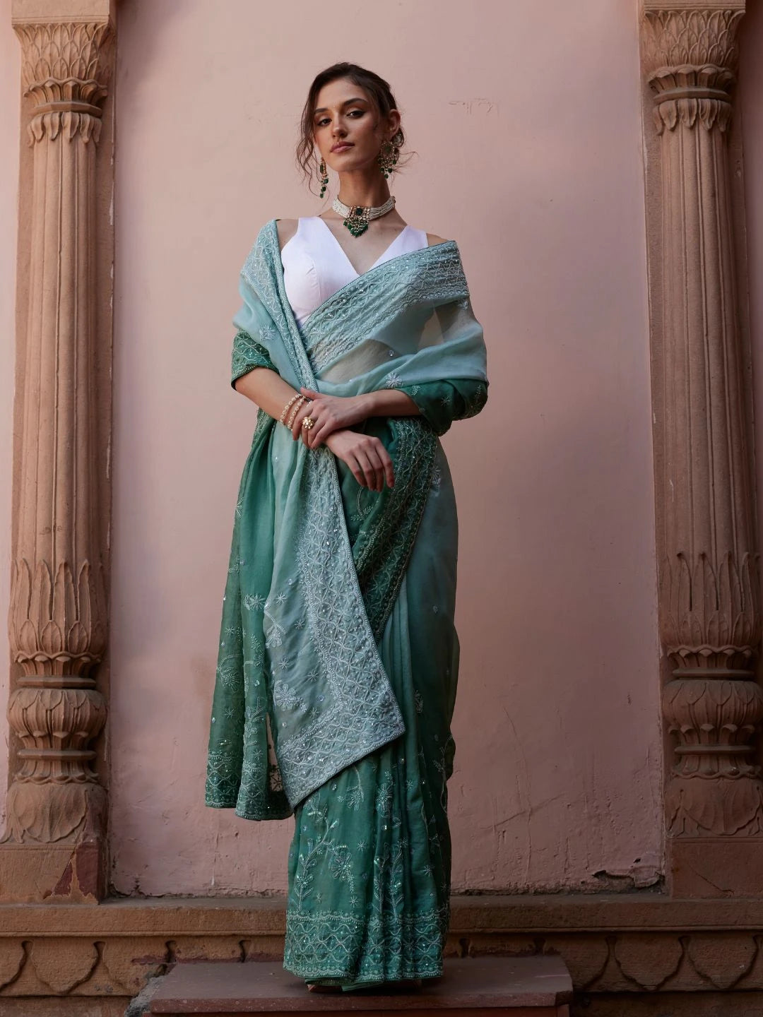 Ada Hand Embroidered Ombre Shade of Feldgrau Gray & Ash Gray  Organza Lucknowi Chikankari Saree With Blouse And Sequinned  Work 01A545583