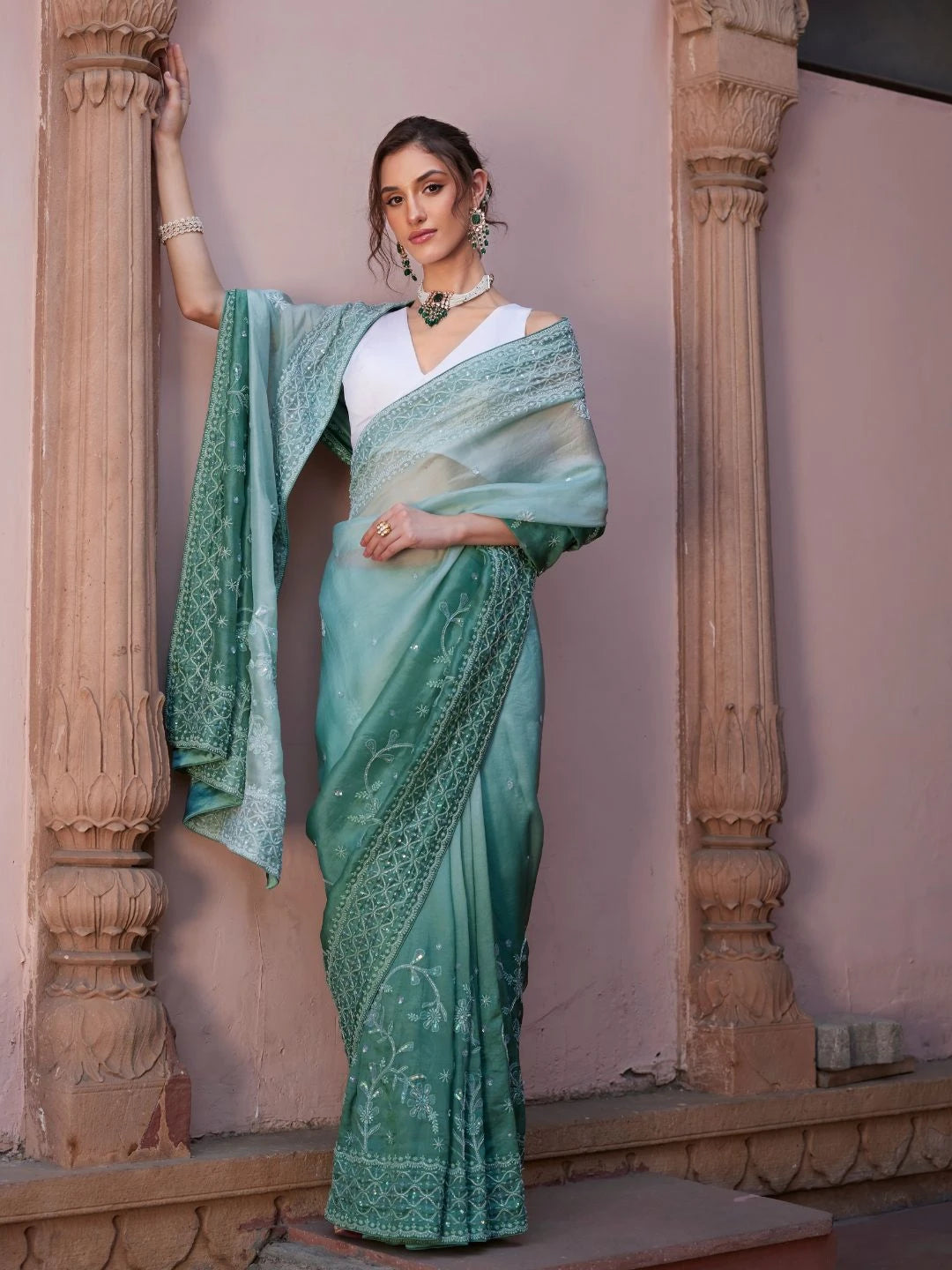 Ada Hand Embroidered Ombre Shade of Feldgrau Gray & Ash Gray  Organza Lucknowi Chikankari Saree With Blouse And Sequinned  Work 01A545583