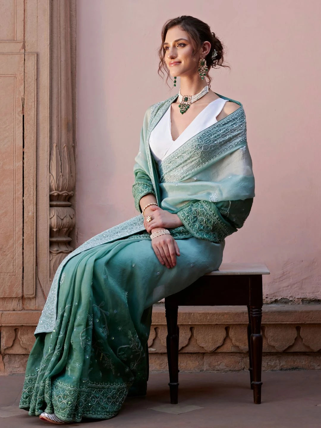 Ada Hand Embroidered Ombre Shade of Feldgrau Gray & Ash Gray  Organza Lucknowi Chikankari Saree With Blouse And Sequinned  Work 01A545583