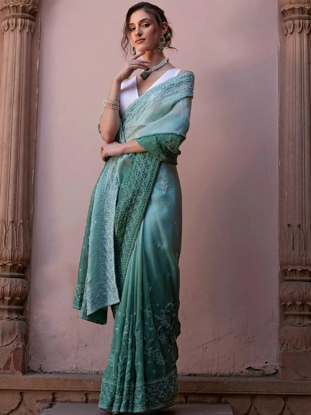 Ada Hand Embroidered Ombre Shade of Feldgrau Gray & Ash Gray  Organza Lucknowi Chikankari Saree With Blouse And Sequinned  Work 01A545583
