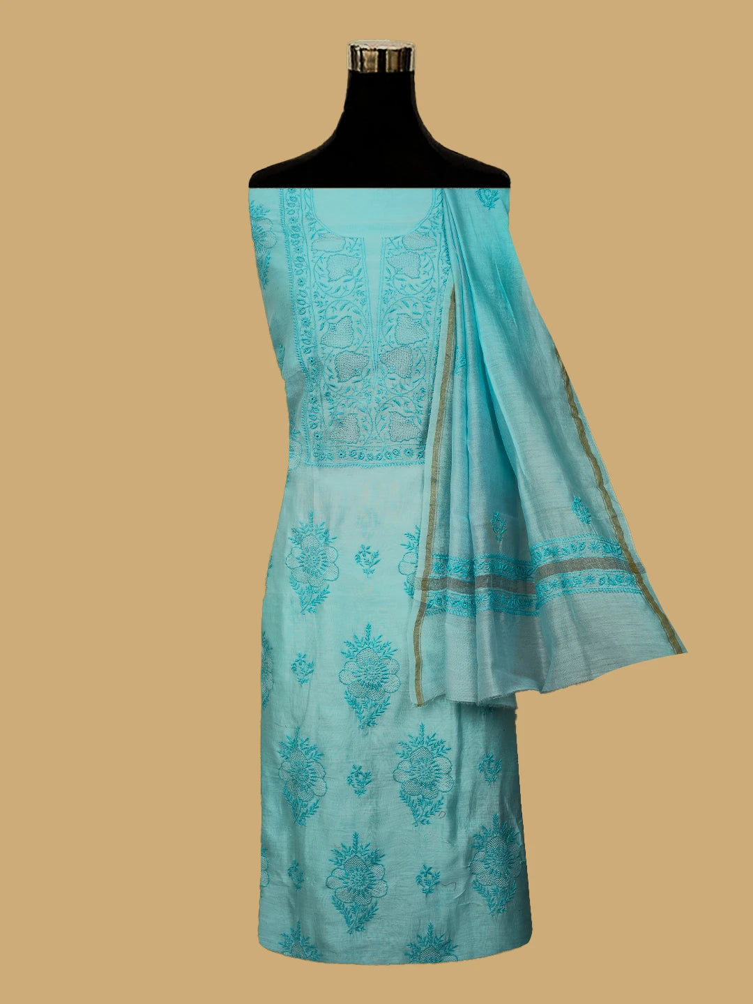 Ada Hand Embroidered Ice Blue Chanderi Lucknowi Chikankari Unstitched Kurta Dupatta Set 01A712847