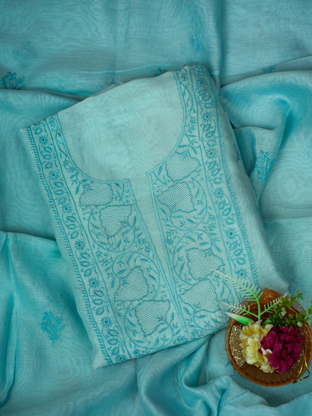Ada Hand Embroidered Ice Blue Chanderi Lucknowi Chikankari Unstitched Kurta Dupatta Set 01A712847