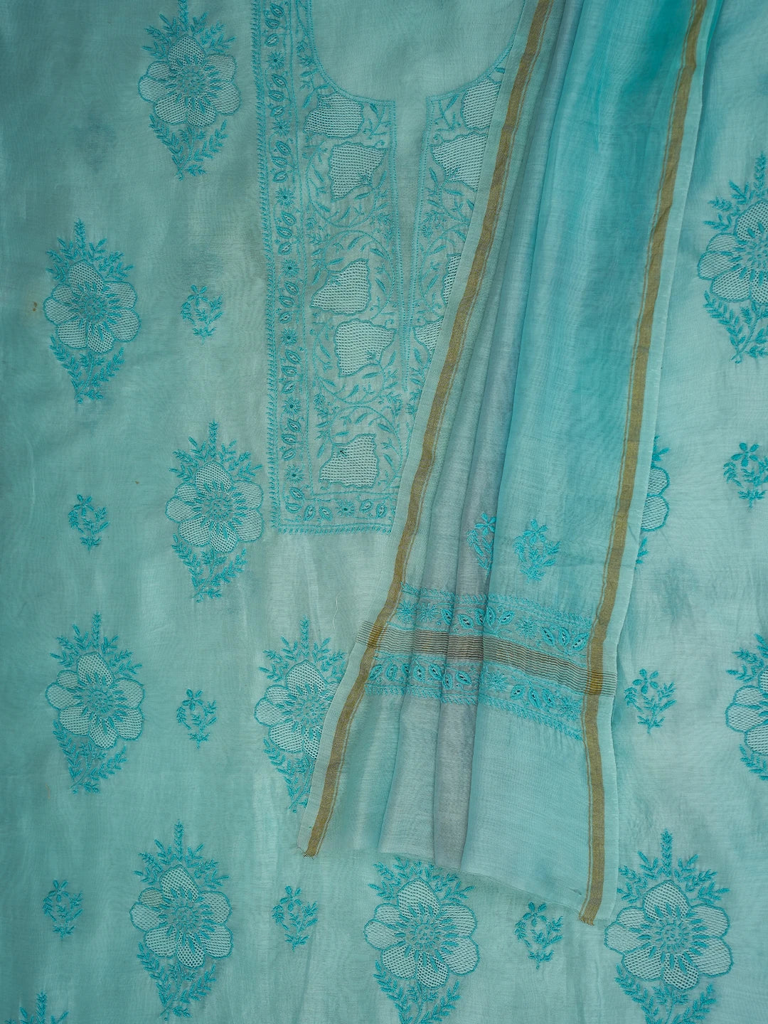 Ada Hand Embroidered Ice Blue Chanderi Lucknowi Chikankari Unstitched Kurta Dupatta Set 01A712847