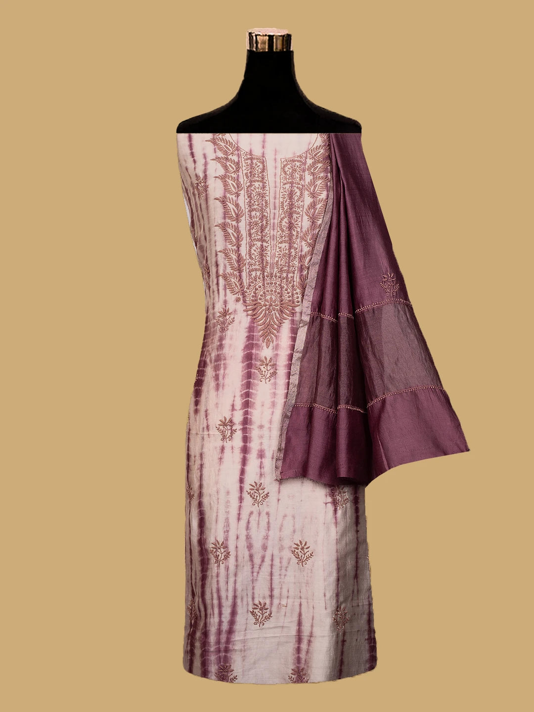 Ada Hand Embroidered Onion Pink Silk Lucknowi Chikankari Unstitched Kurta Dupatta Set 01A669140