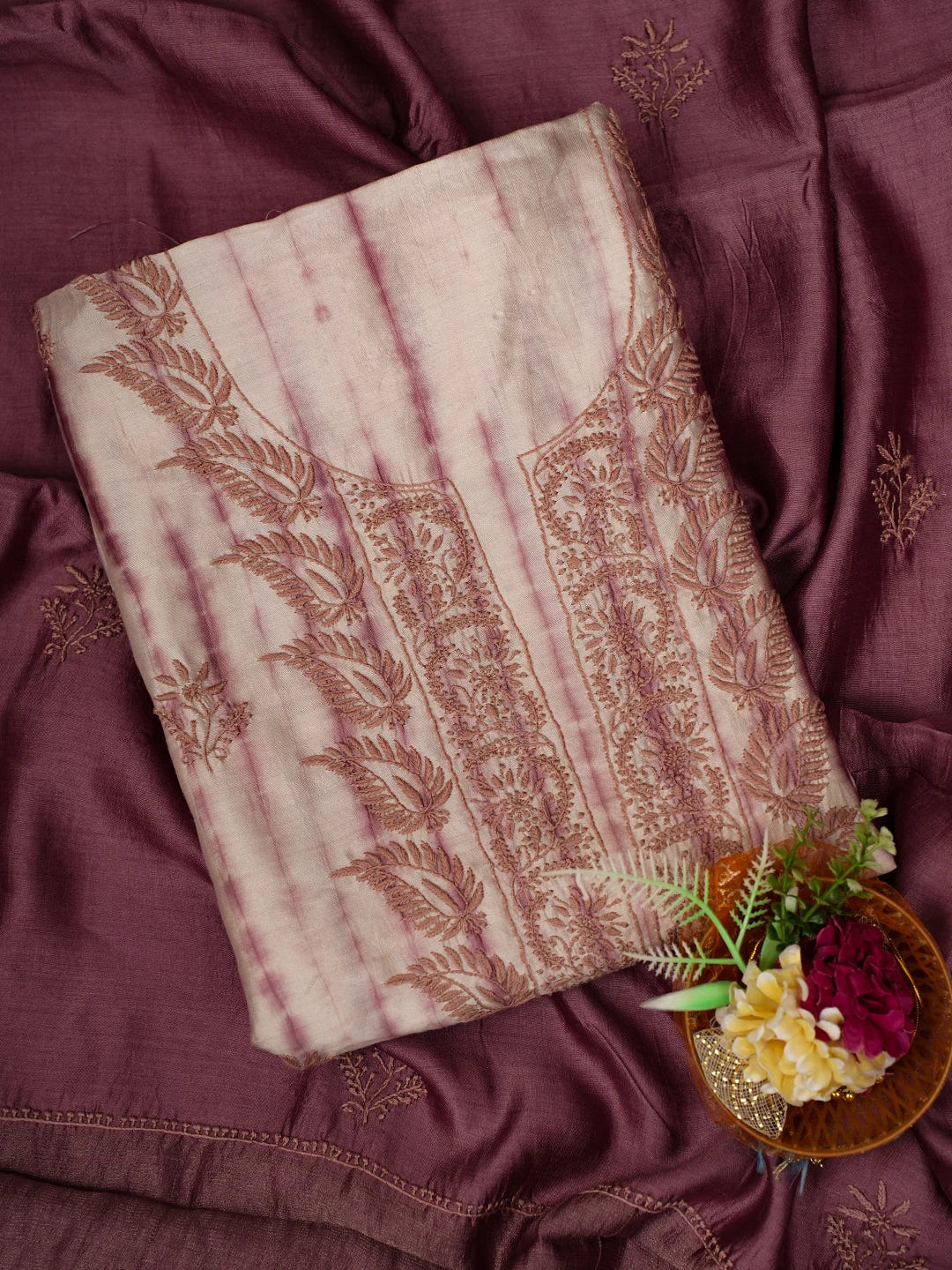 Ada Hand Embroidered Onion Pink Silk Lucknowi Chikankari Unstitched Kurta Dupatta Set 01A669140