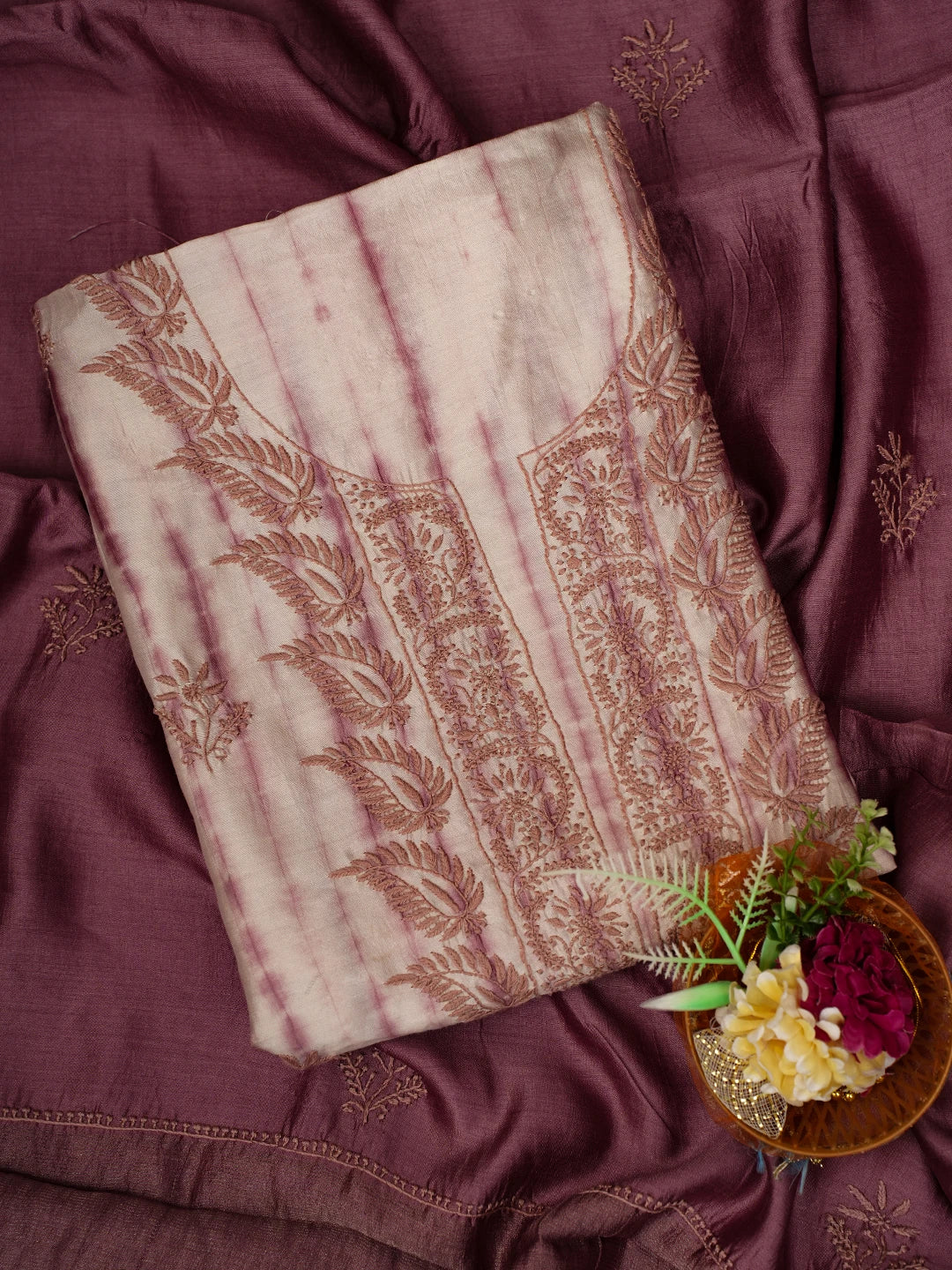 Ada Hand Embroidered Onion Pink Silk Lucknowi Chikankari Unstitched Kurta Dupatta Set 01A669140