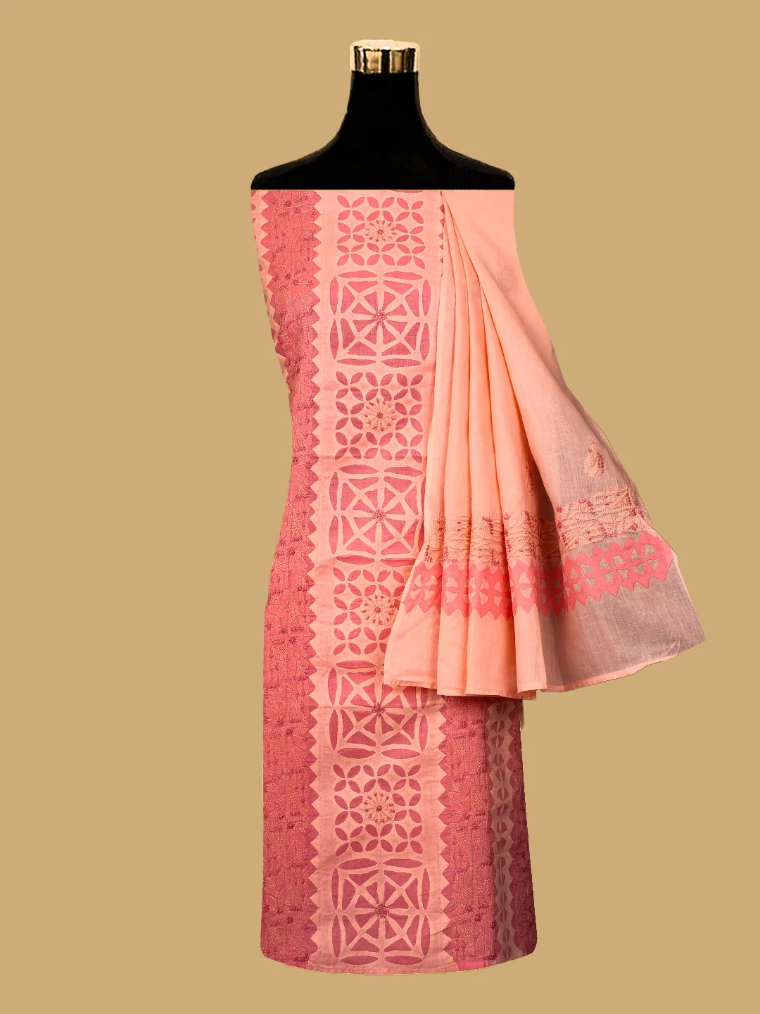 Ada Hand Embroidered Peach Cotton Lucknowi Chikankari Unstitched Suit Piece 01A723451