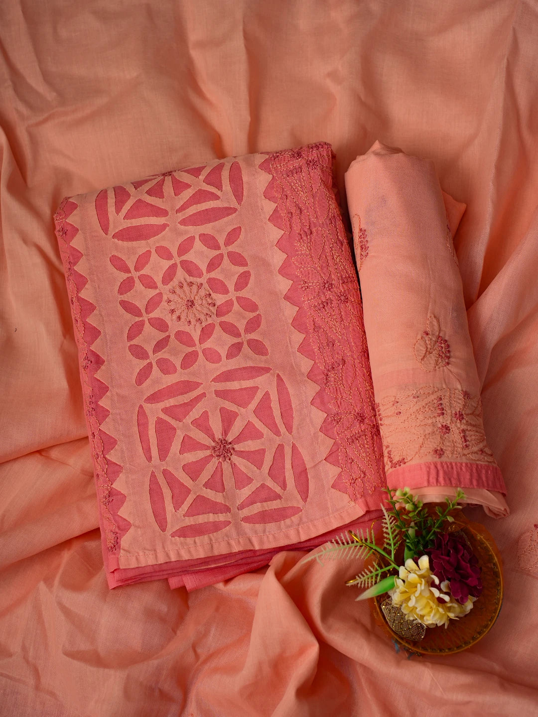 Ada Hand Embroidered Peach Cotton Lucknowi Chikankari Unstitched Suit Piece 01A723451