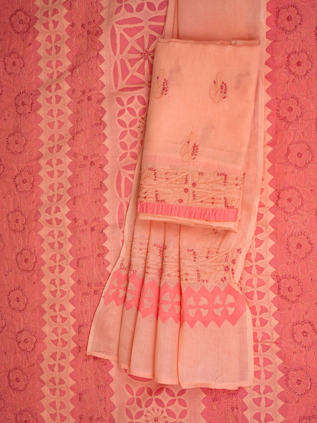 Ada Hand Embroidered Peach Cotton Lucknowi Chikankari Unstitched Suit Piece 01A723451