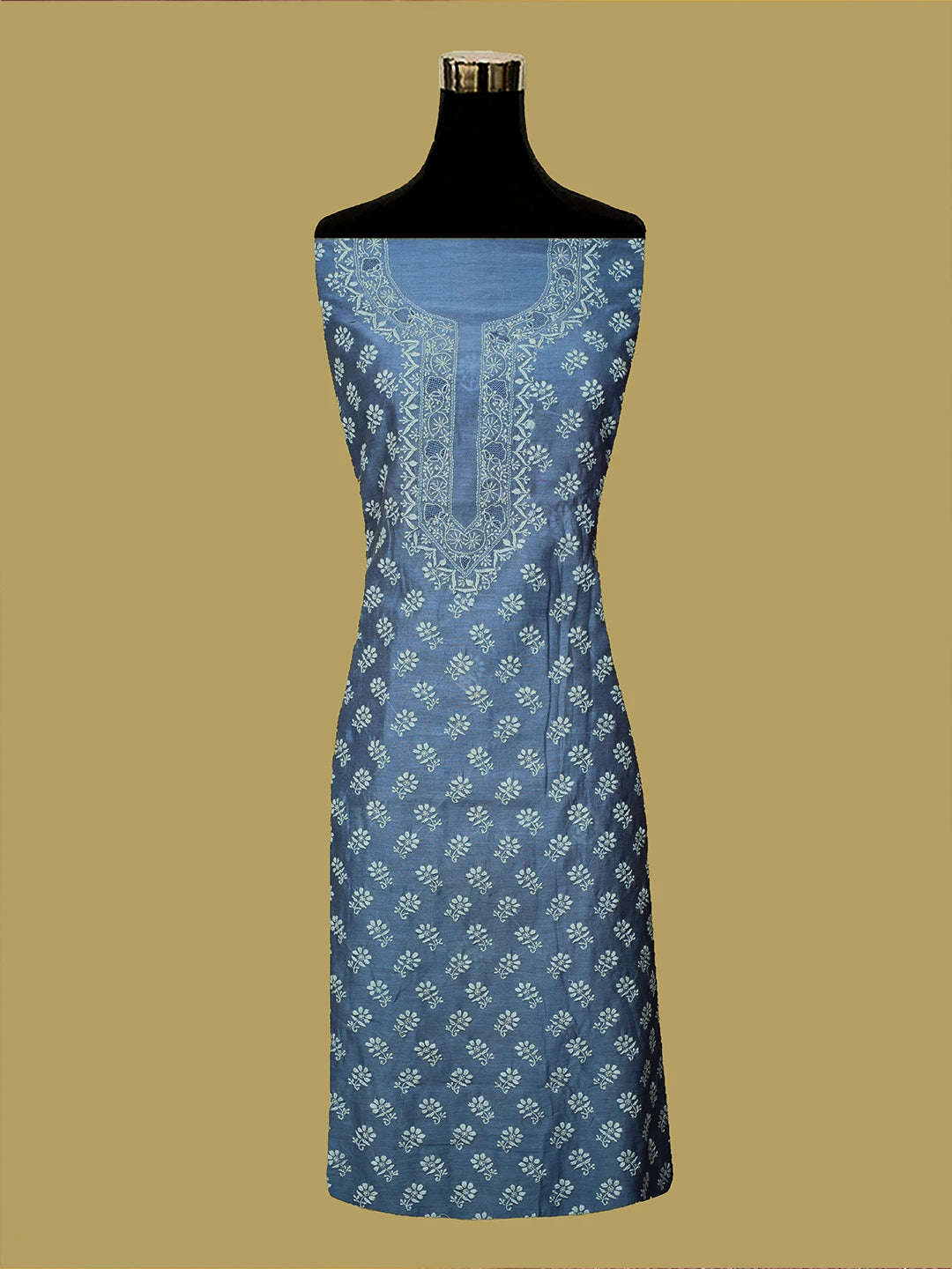 Ada Hand Embroidered Glaucous Blue Chanderi Lucknowi Chikankari Unstitched Kurta Dupatta Set 01A717405