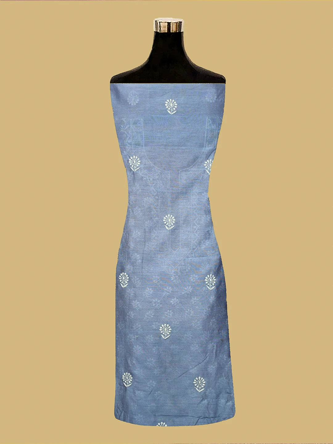 Ada Hand Embroidered Glaucous Blue Chanderi Lucknowi Chikankari Unstitched Kurta Dupatta Set 01A717405
