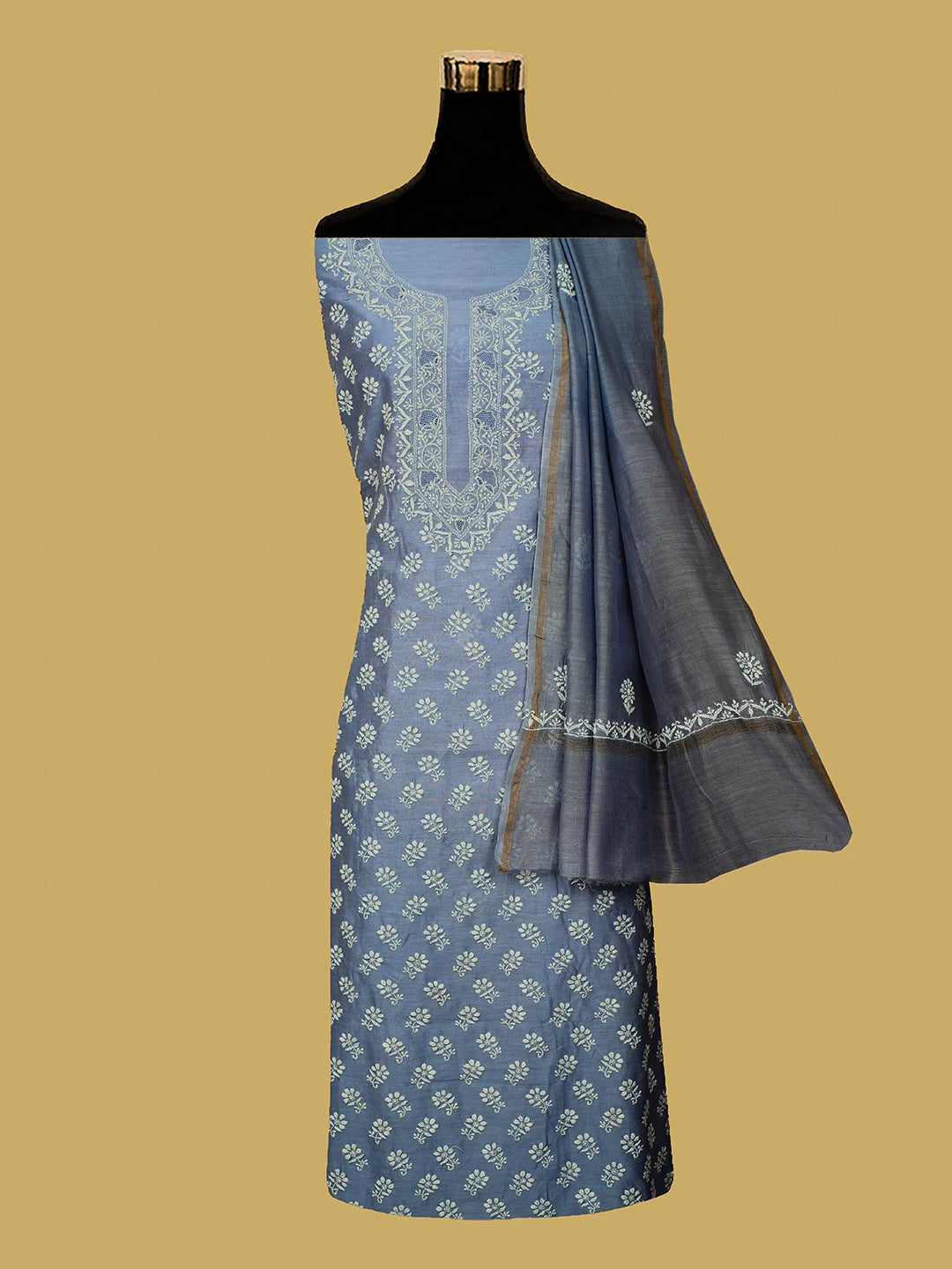 Ada Hand Embroidered Glaucous Blue Chanderi Lucknowi Chikankari Unstitched Kurta Dupatta Set 01A717405