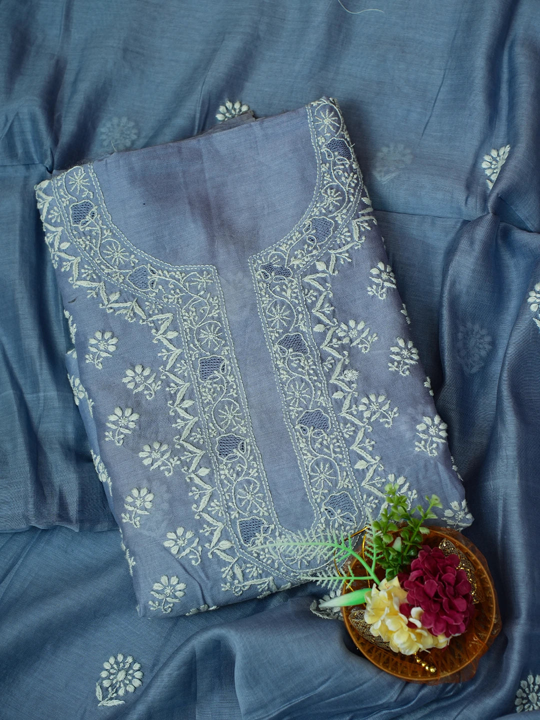 Ada Hand Embroidered Glaucous Blue Chanderi Lucknowi Chikankari Unstitched Kurta Dupatta Set 01A717405