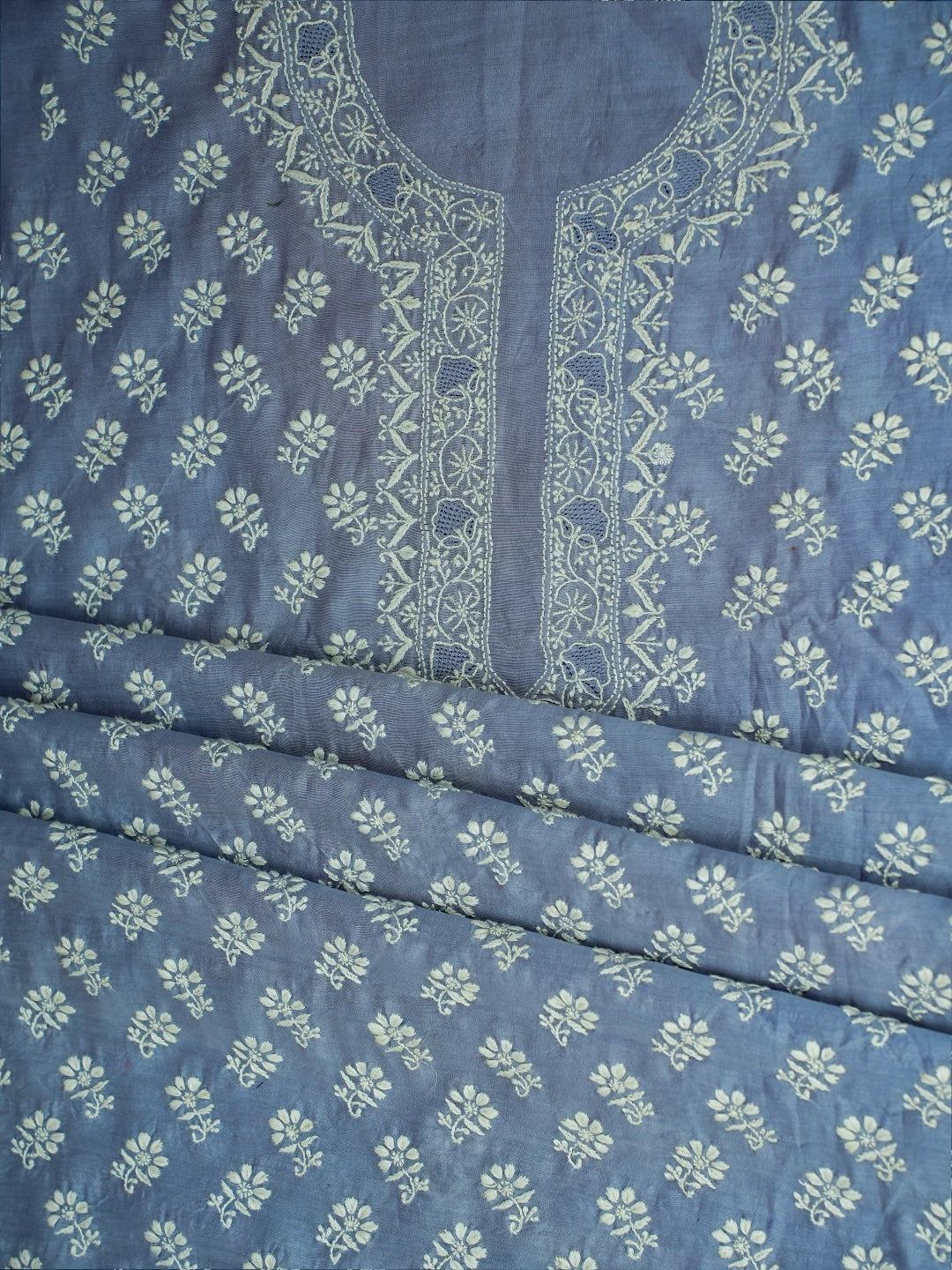 Ada Hand Embroidered Glaucous Blue Chanderi Lucknowi Chikankari Unstitched Kurta Dupatta Set 01A717405