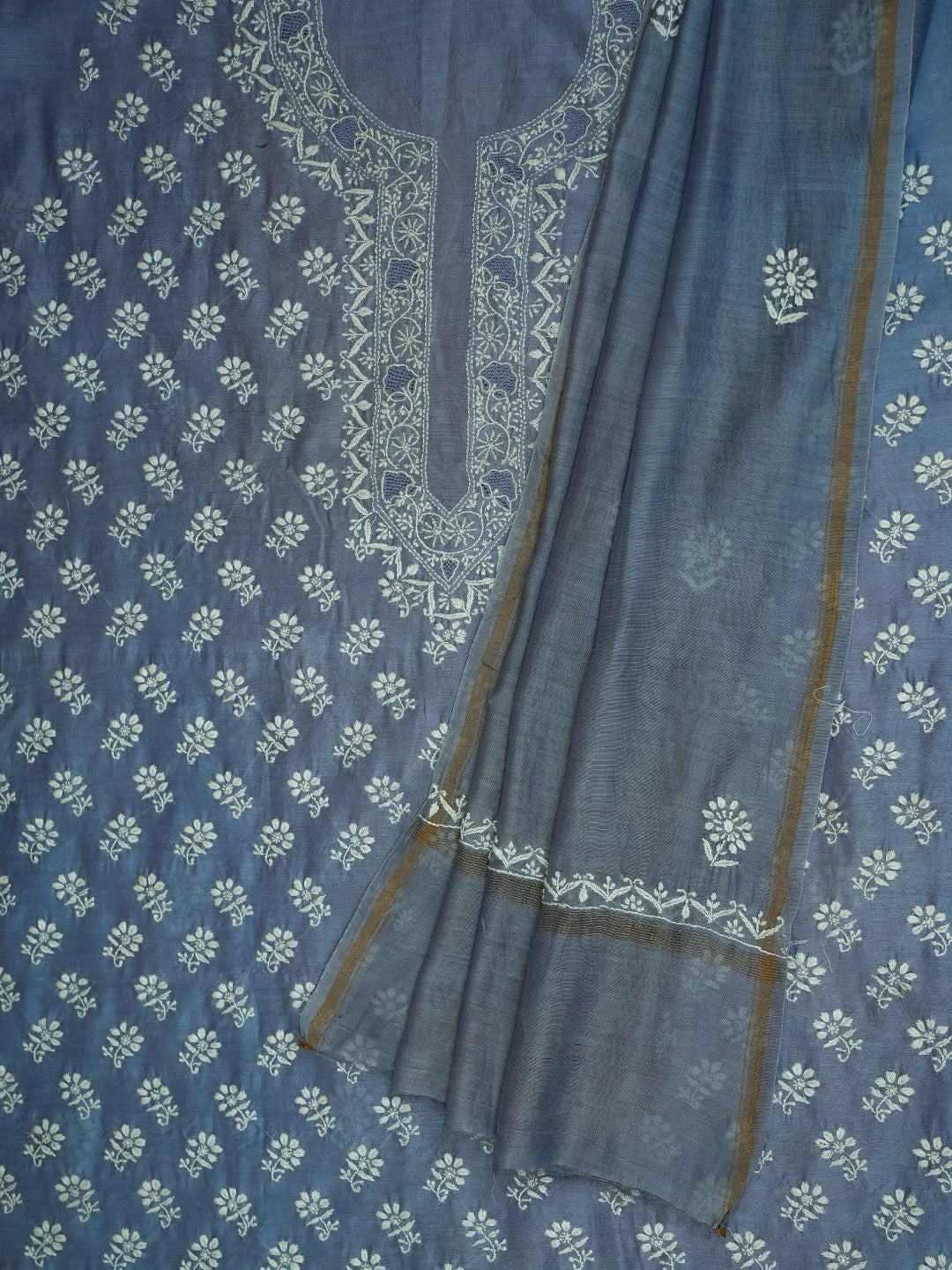 Ada Hand Embroidered Glaucous Blue Chanderi Lucknowi Chikankari Unstitched Kurta Dupatta Set 01A717405