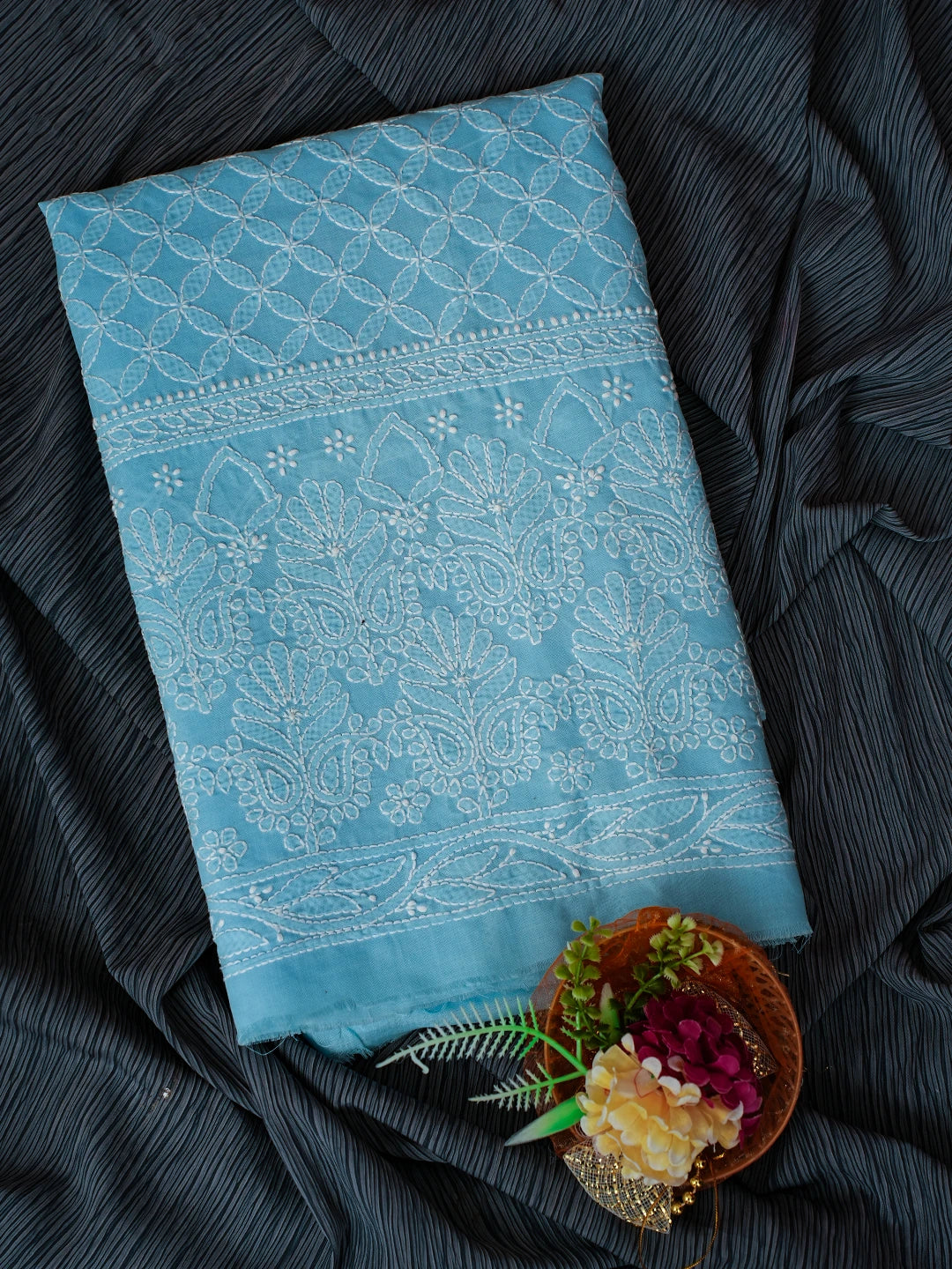 Ada Hand Embroidered Blue Cotton Lucknowi Chikankari Unstitched Kurta Piece 01A724662