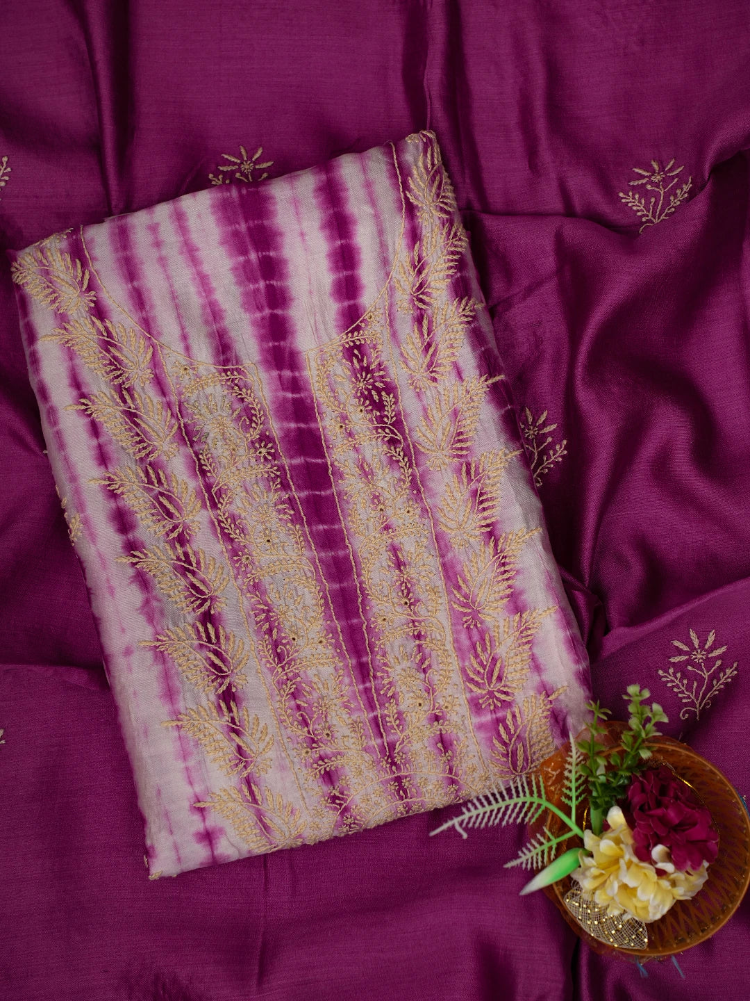 Ada Hand Embroidered Purple Silk Lucknowi Chikankari Unstitched Kurta Dupatta Set 01A665277