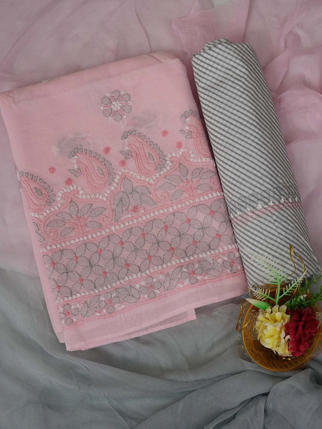 Ada Hand Embroidered Pink Cotton Lucknowi Chikankari Unstitched Suit Piece 01A724575