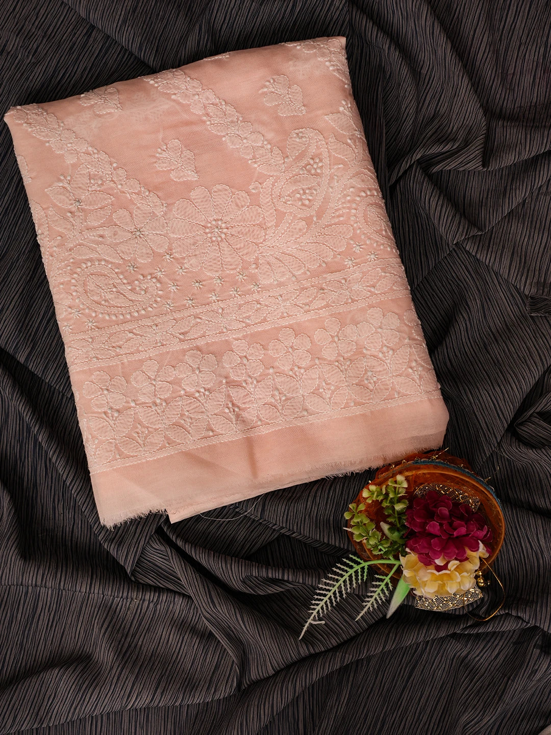 Ada Hand Embroidered Light Peach Cotton Lucknowi Chikankari Unstitched Kurta Piece 01A724711