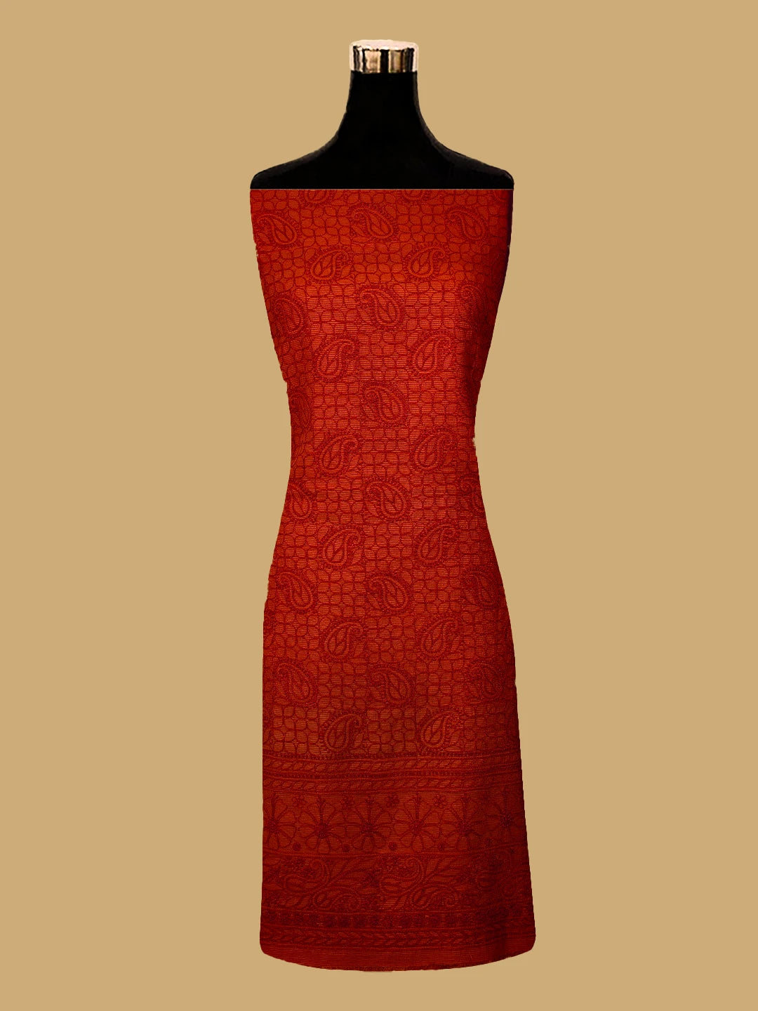 Ada Hand Embroidered Red Cotton-Silk Lucknowi Chikankari Unstitched Suit Piece 01A256997