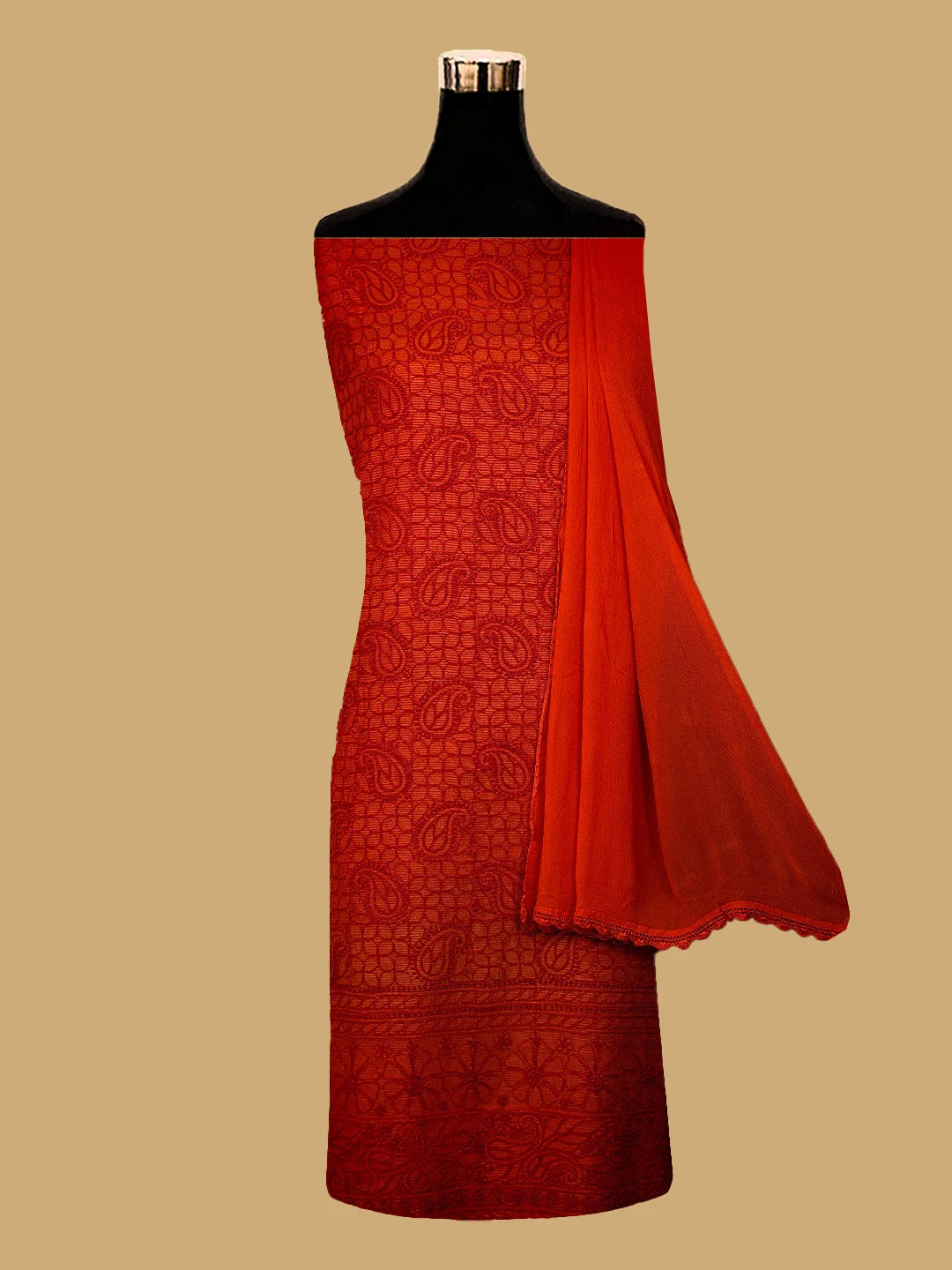 Ada Hand Embroidered Red Cotton-Silk Lucknowi Chikankari Unstitched Suit Piece 01A256997