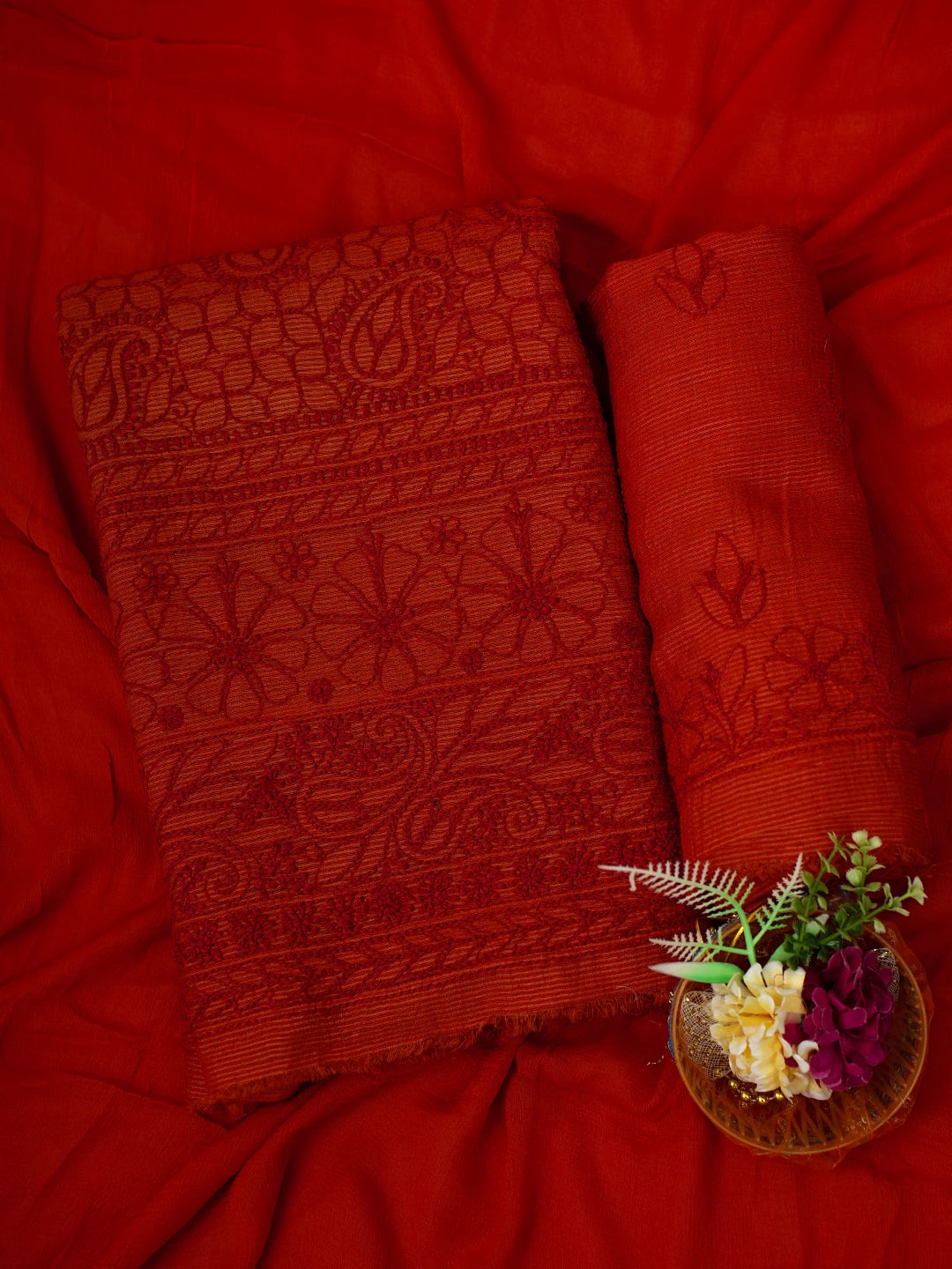 Ada Hand Embroidered Red Cotton-Silk Lucknowi Chikankari Unstitched Suit Piece 01A256997