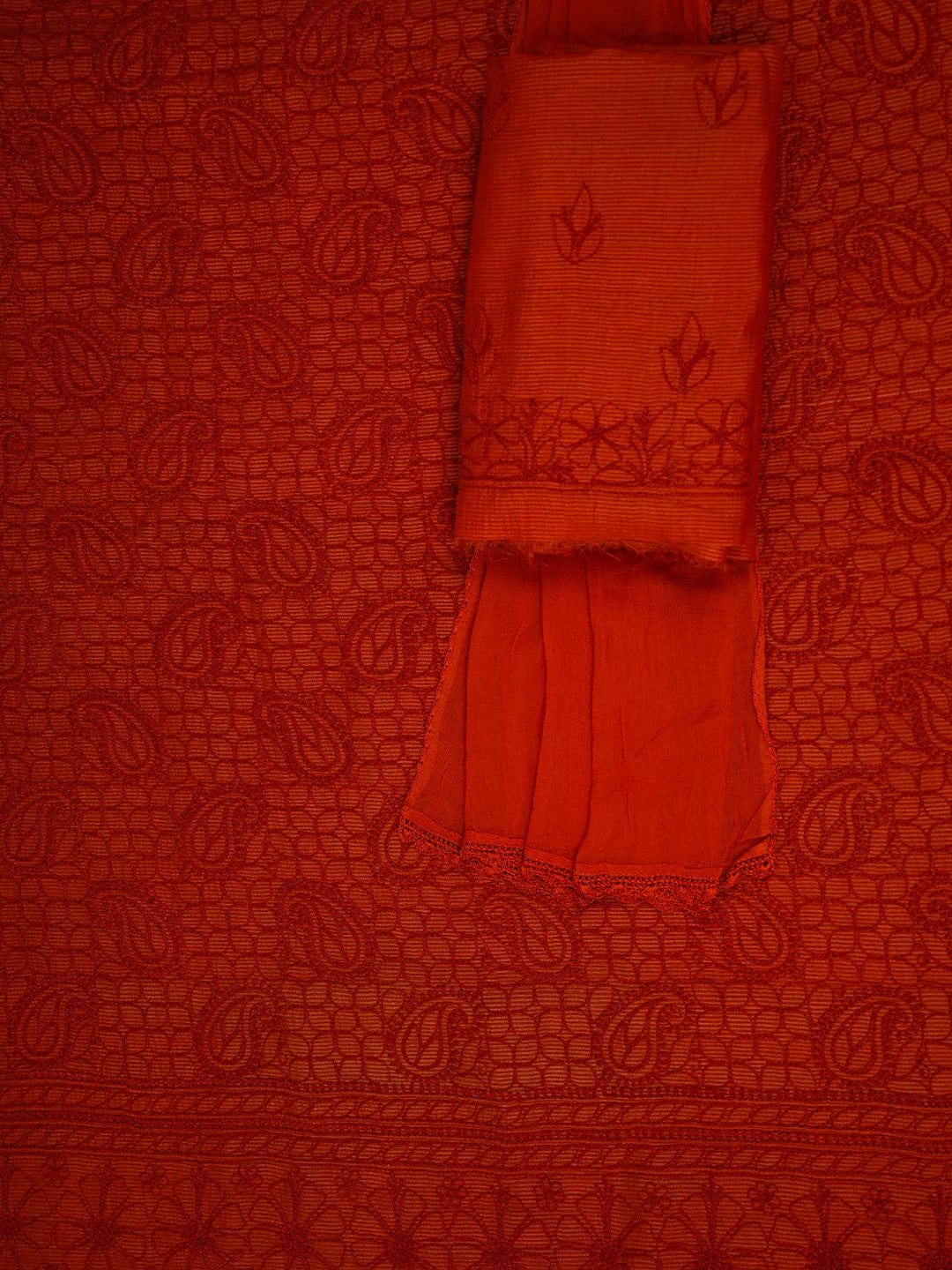 Ada Hand Embroidered Red Cotton-Silk Lucknowi Chikankari Unstitched Suit Piece 01A256997